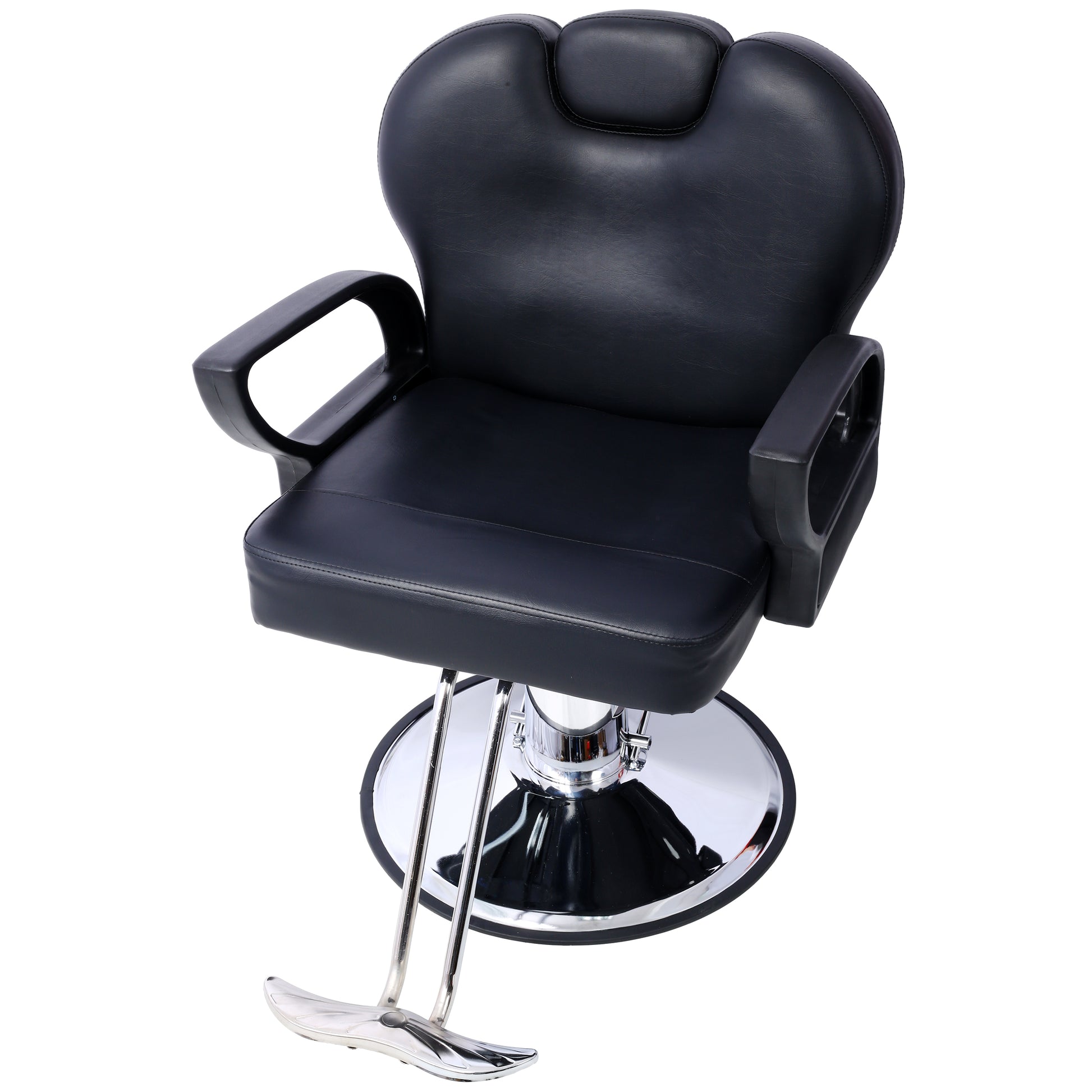 Black hydraulic barber chair with chrome base and footrest suitable for salon use