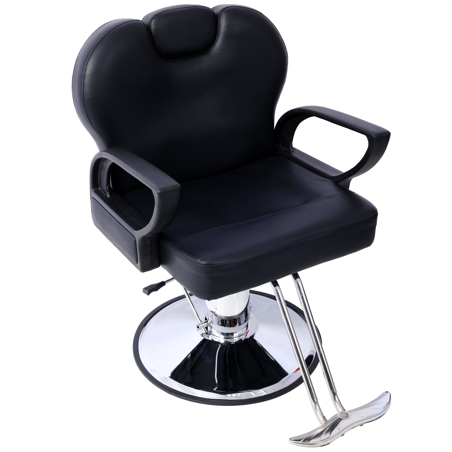 Black leather barber chair with chrome base and adjustable footrest professional salon furniture