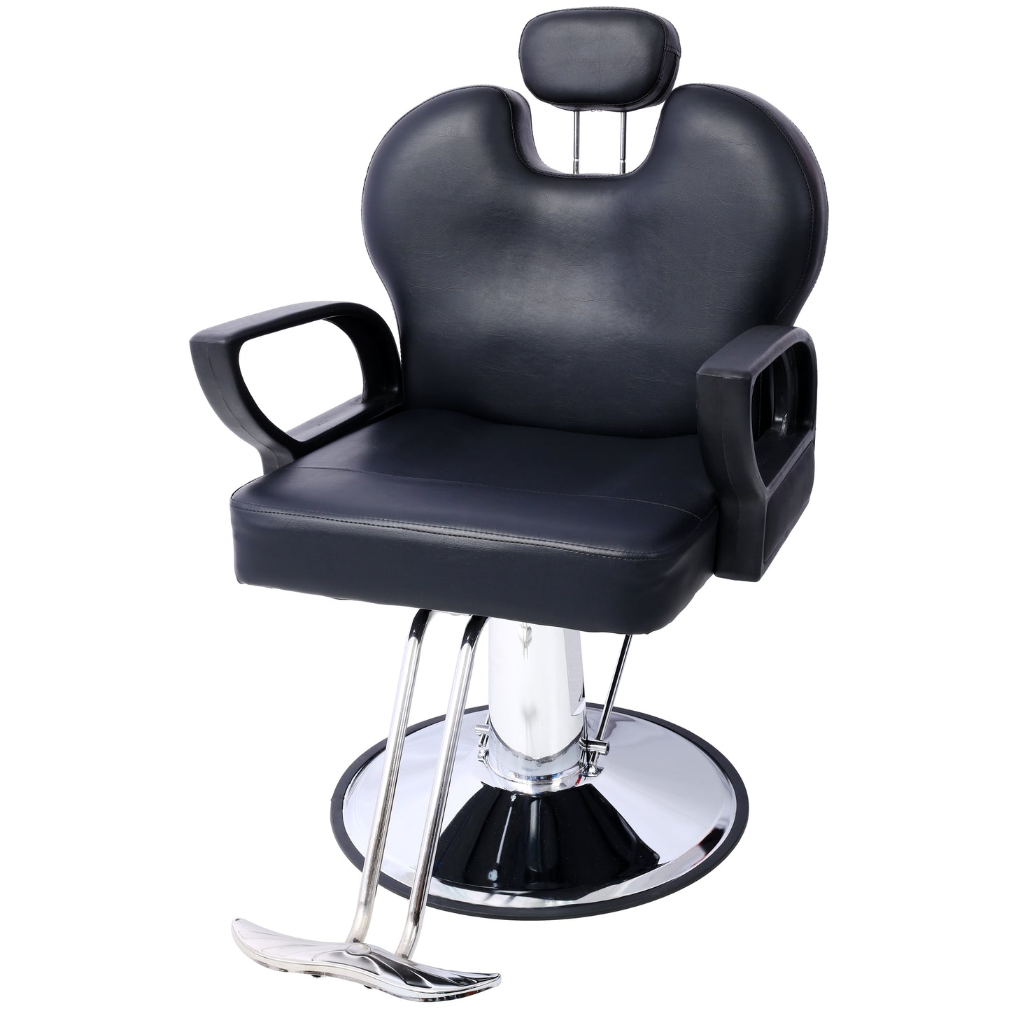 Black hydraulic barber chair with adjustable headrest and chrome base