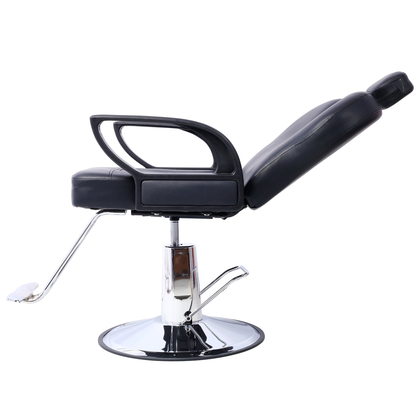 Black hydraulic salon chair with chrome base and footrest ideal for barbershops