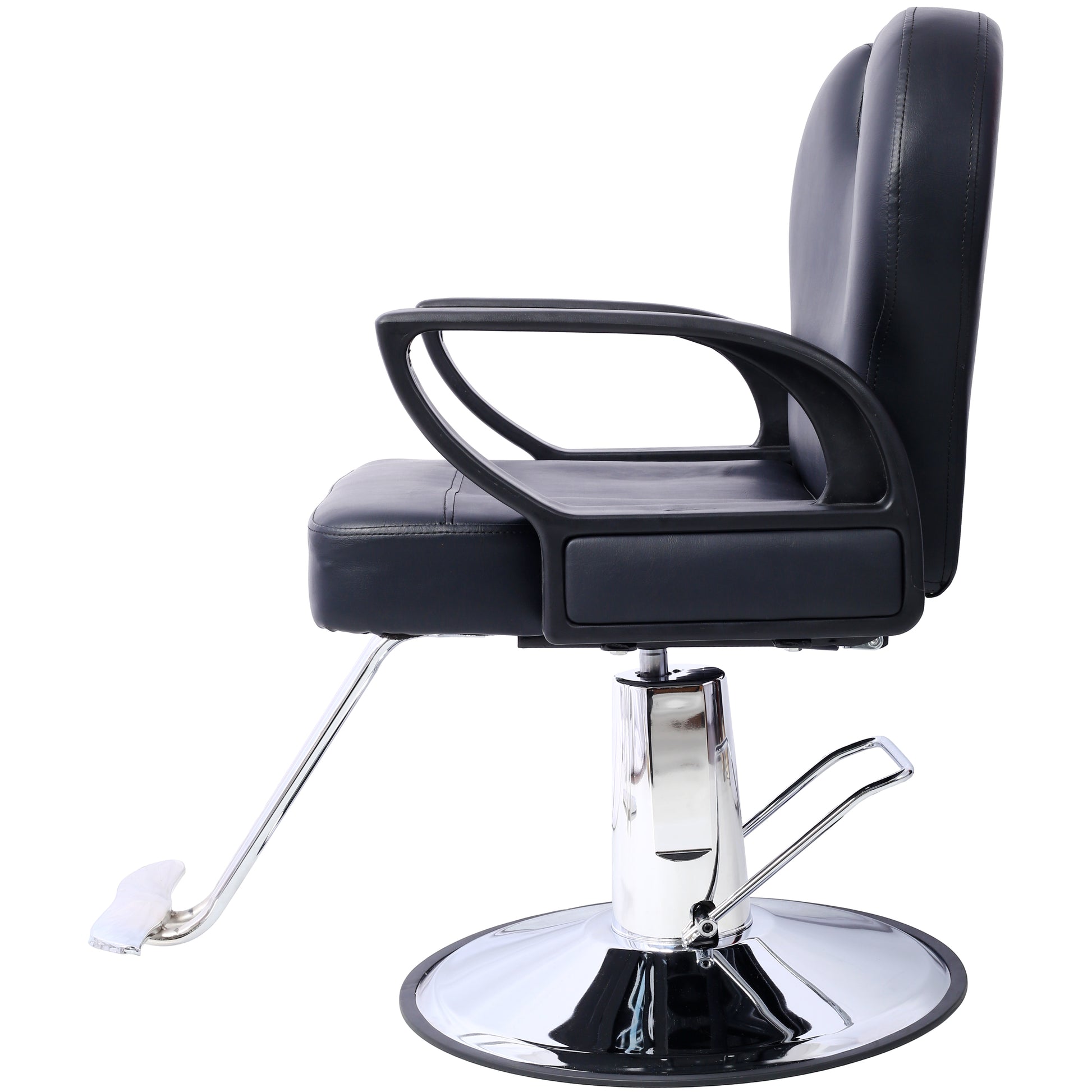 Black hydraulic barber chair with adjustable footrest and chrome base