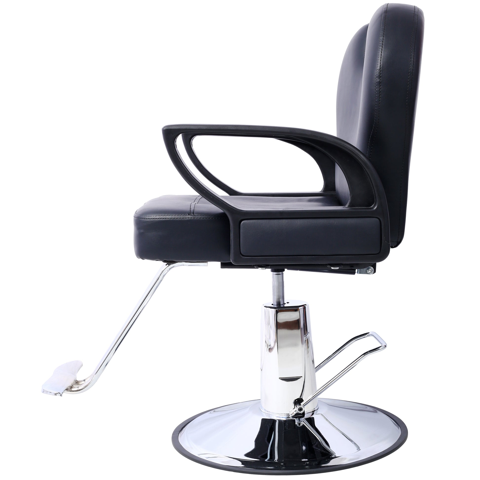 Black hydraulic barber chair with chrome base and armrests