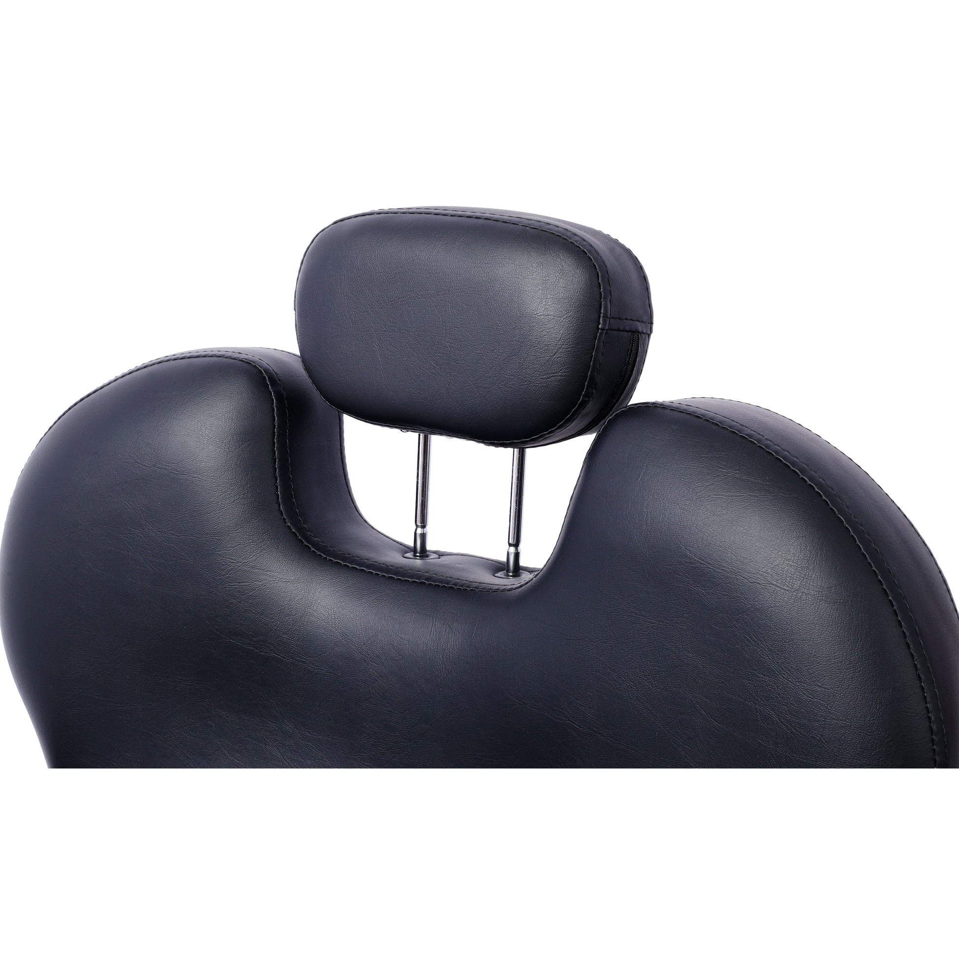 Black leather barber chair headrest with adjustable chrome supports
