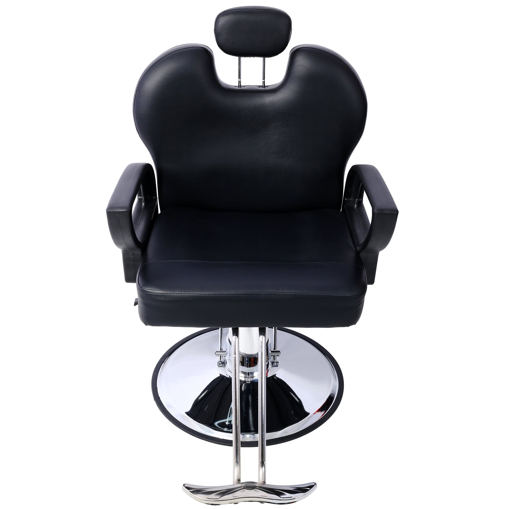 Black leather salon barber chair with adjustable headrest and chrome base