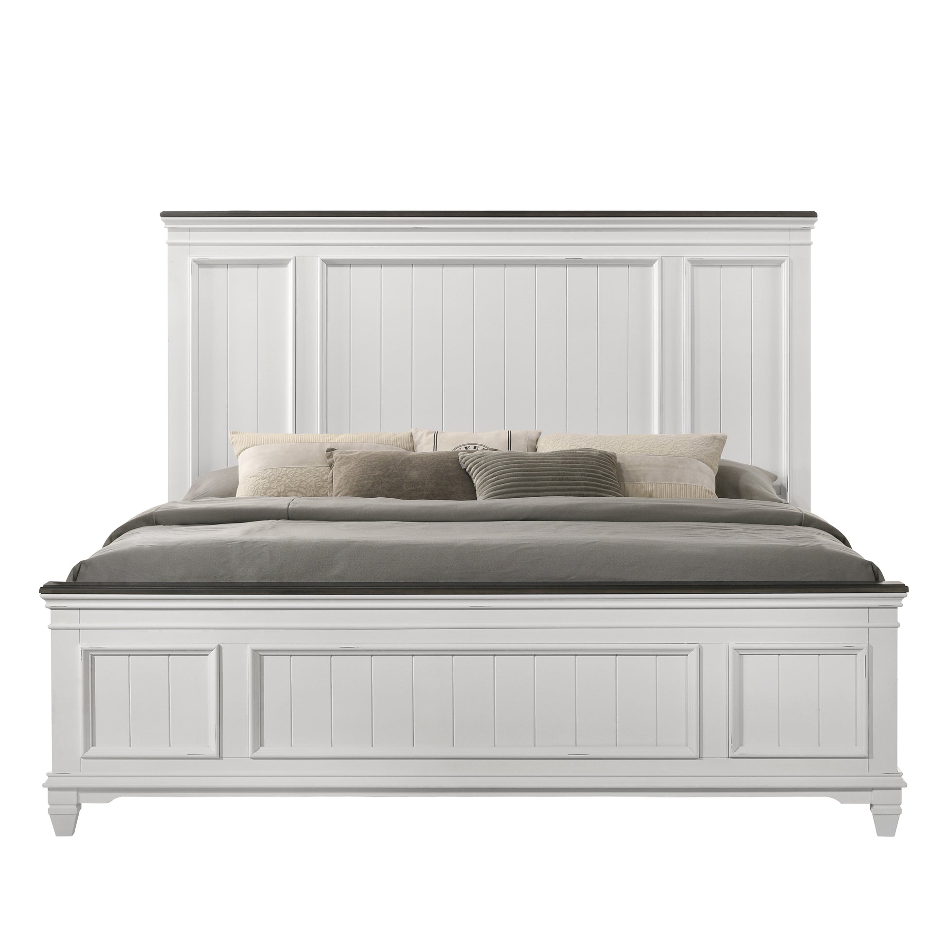 White panel headboard bed frame with dark wood top accent and grey bedding
