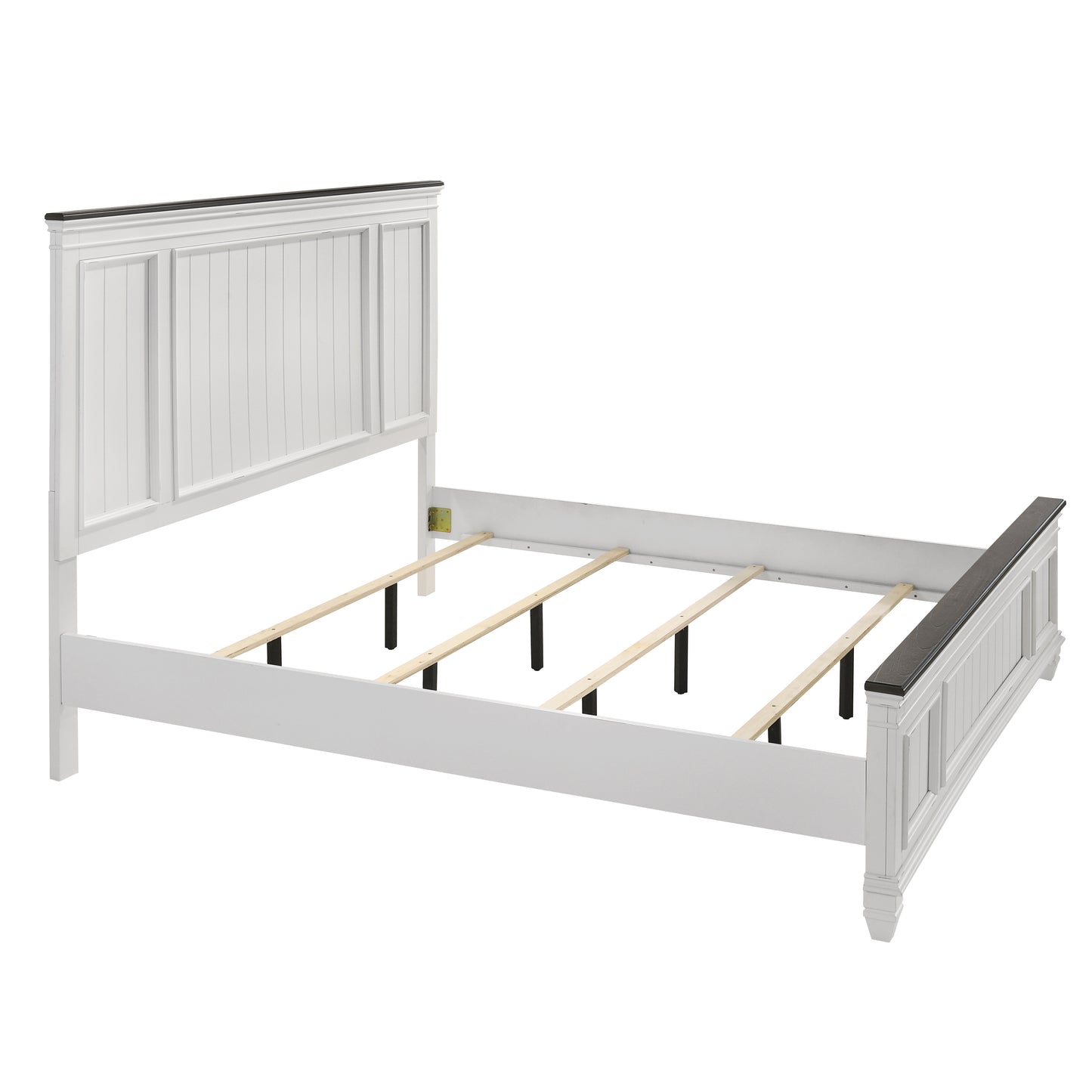 White panel headboard bed frame with dark top trim