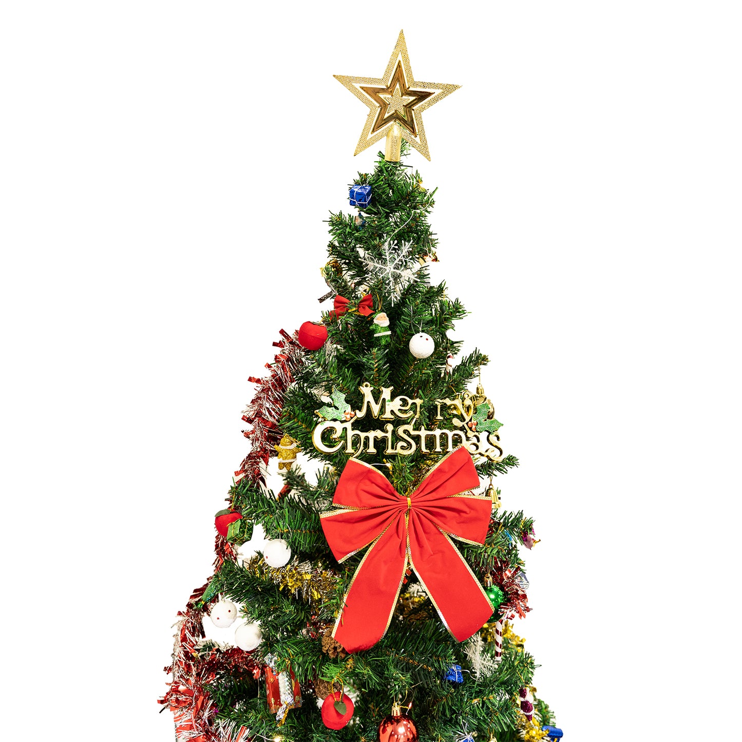 Decorated Christmas tree with gold star topper and red bow