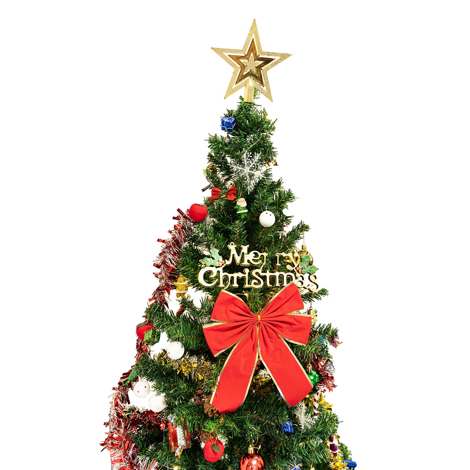 Decorated Christmas tree with gold star topper and red bow