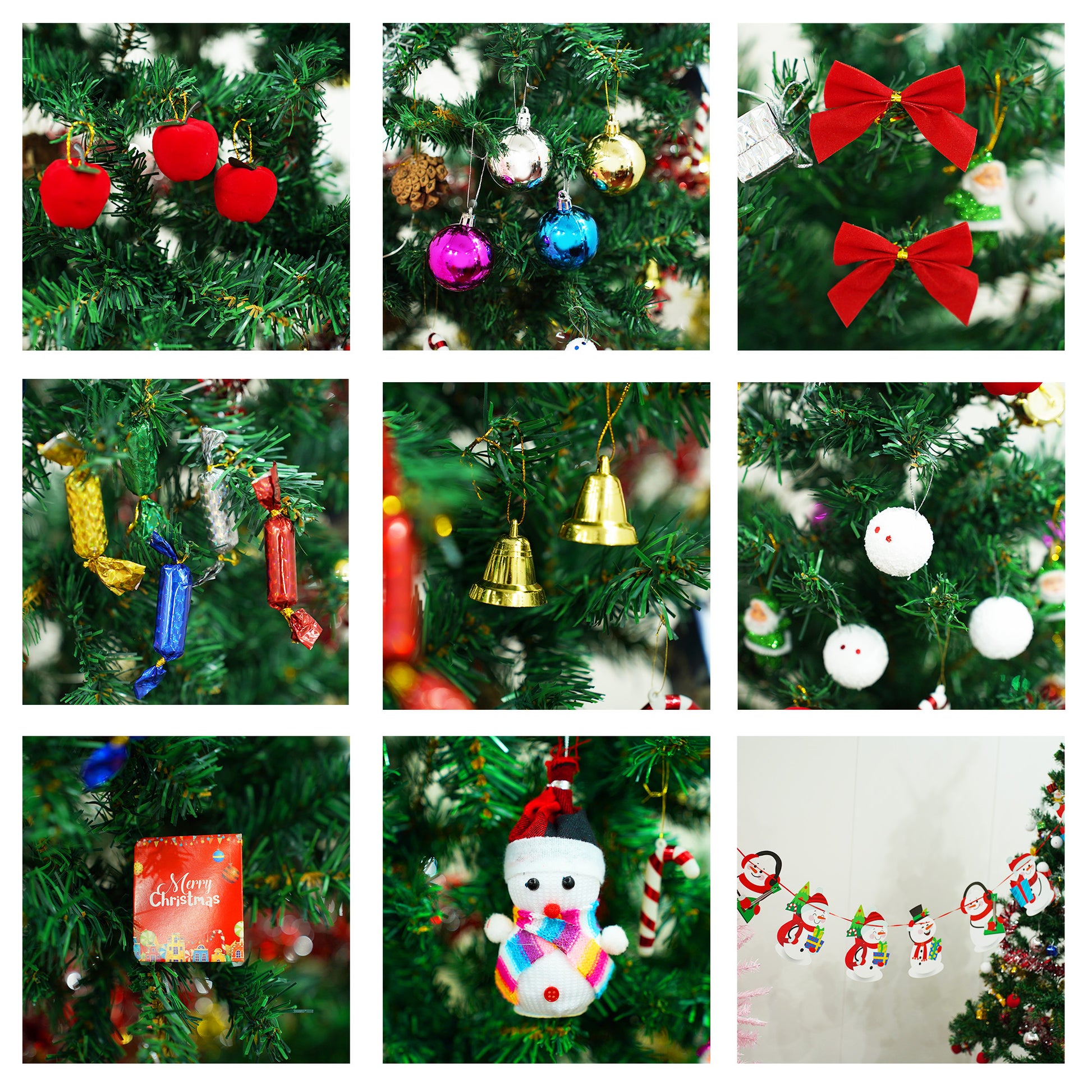 Three fuzzy red apple ornaments hanging on a Christmas tree