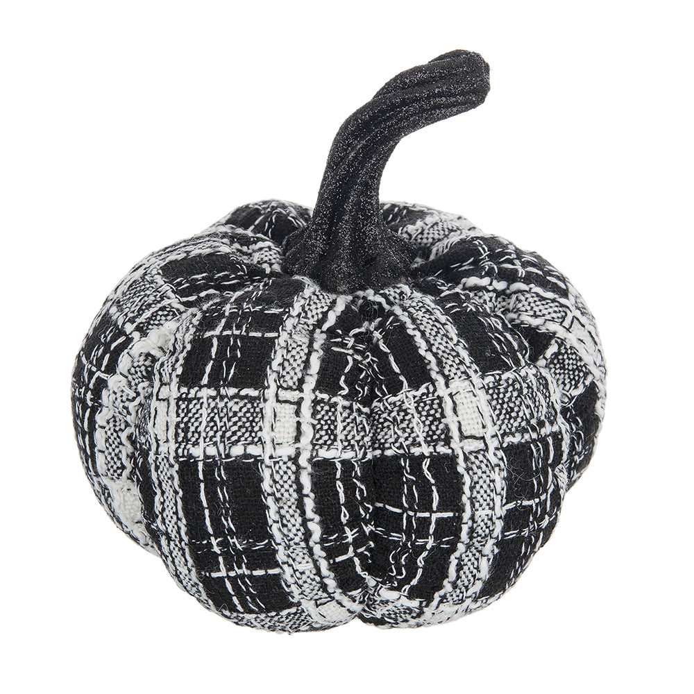 Small fabric pumpkin with black and white buffalo plaid pattern and textured stem