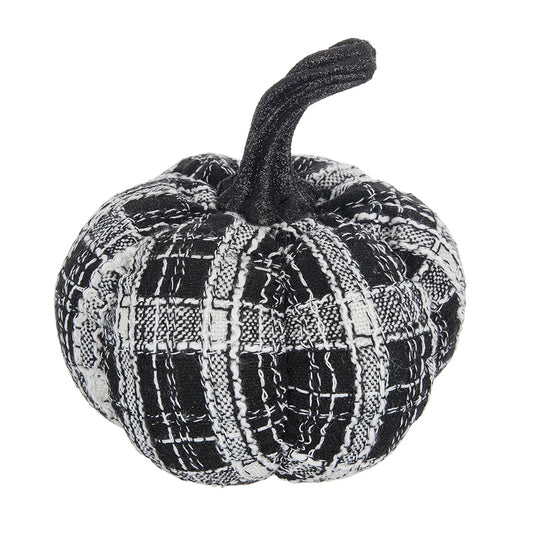 Small fabric pumpkin with black and white buffalo plaid pattern and textured stem