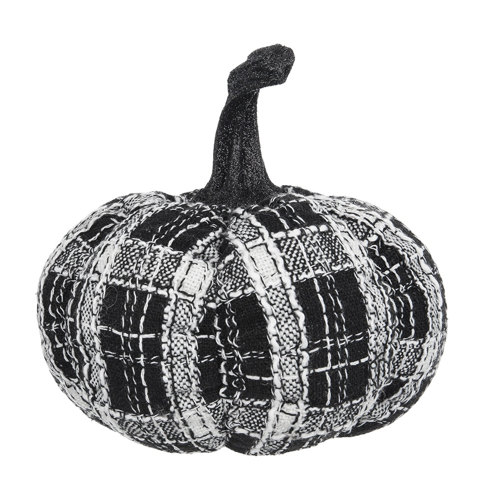 Textured fabric pumpkin decor with black and white plaid pattern and black stem