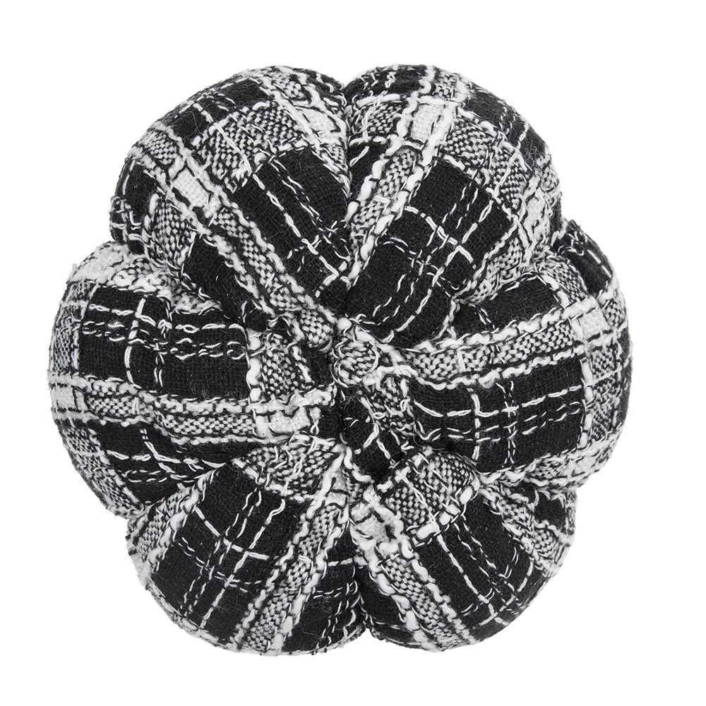 Black and white plaid tweed flower brooch with central knot detail