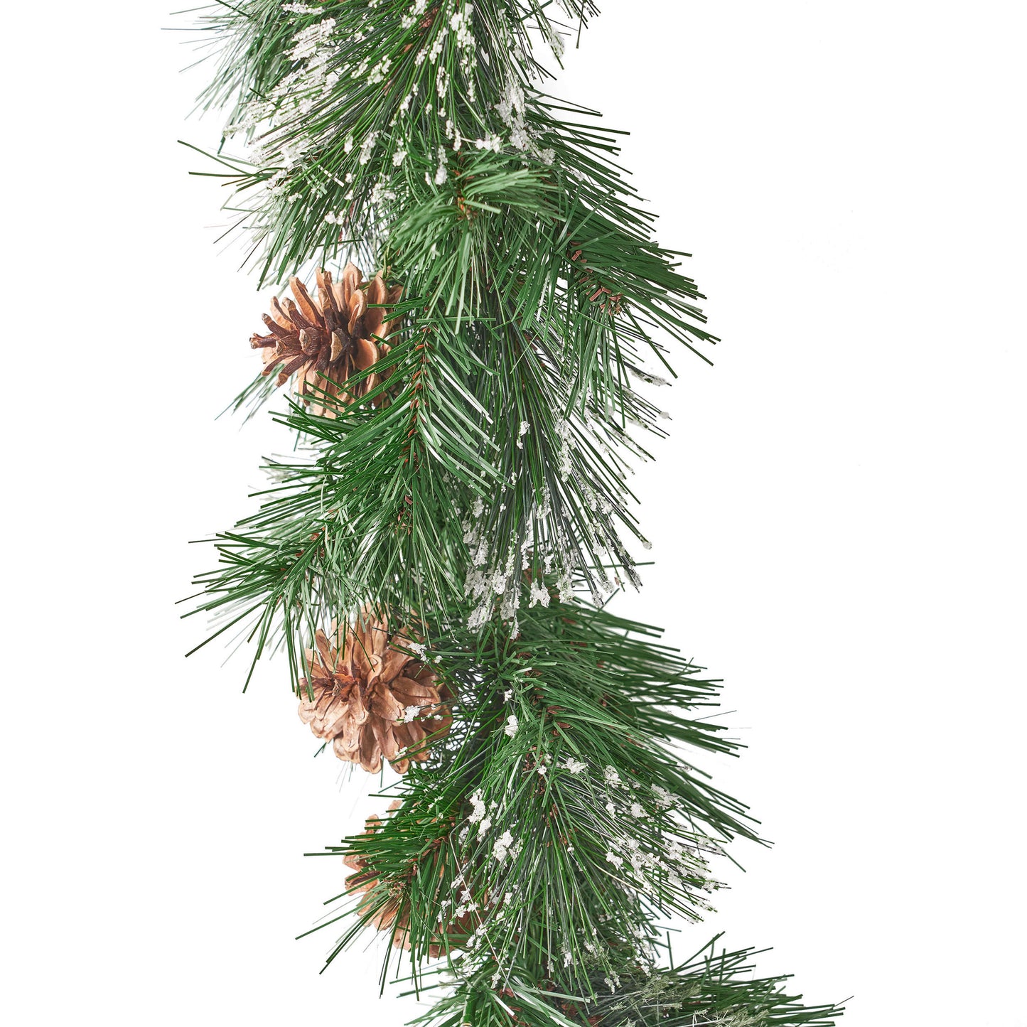 Green pine garland with snowdusted pinecones perfect for holiday decorating