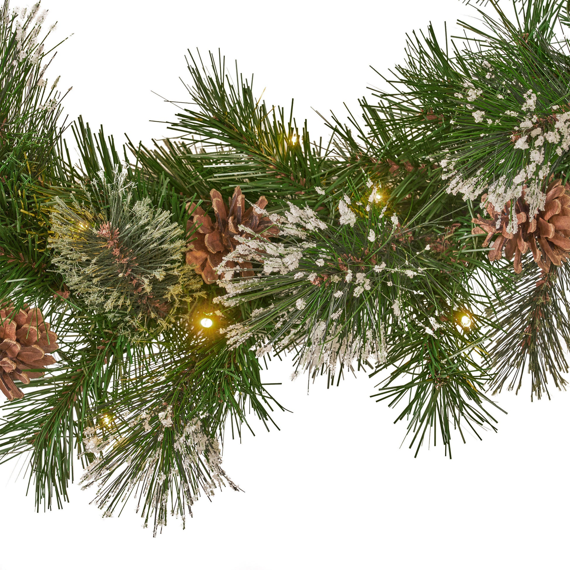 Frosted pine garland with pine cones and warm LED lights for festive decor