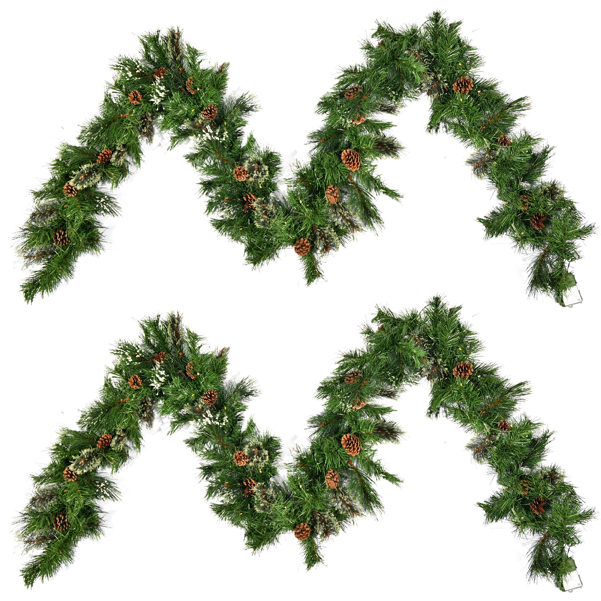Green artificial Christmas garland with pine cones and frosted tips