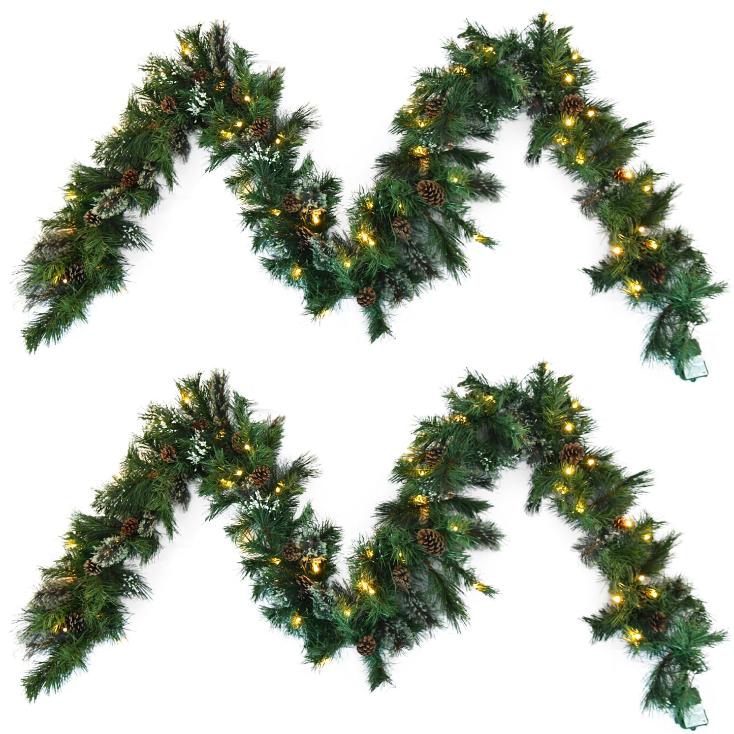 Festive artificial pine garland with warm LED lights and realistic pinecones perfect for holiday decor