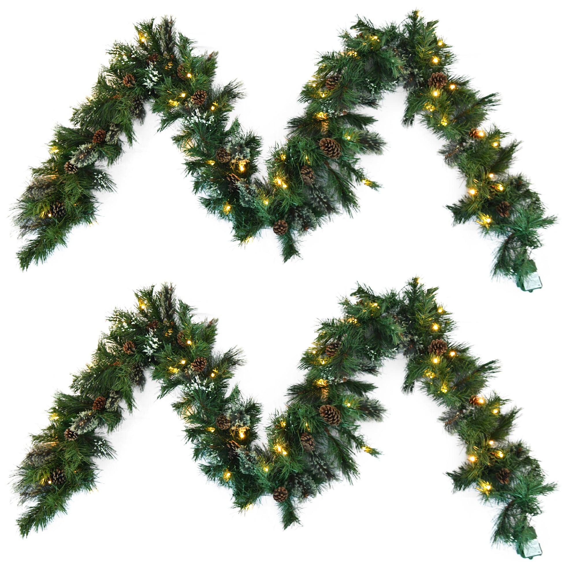Festive artificial pine garland with warm LED lights and realistic pinecones perfect for holiday decor