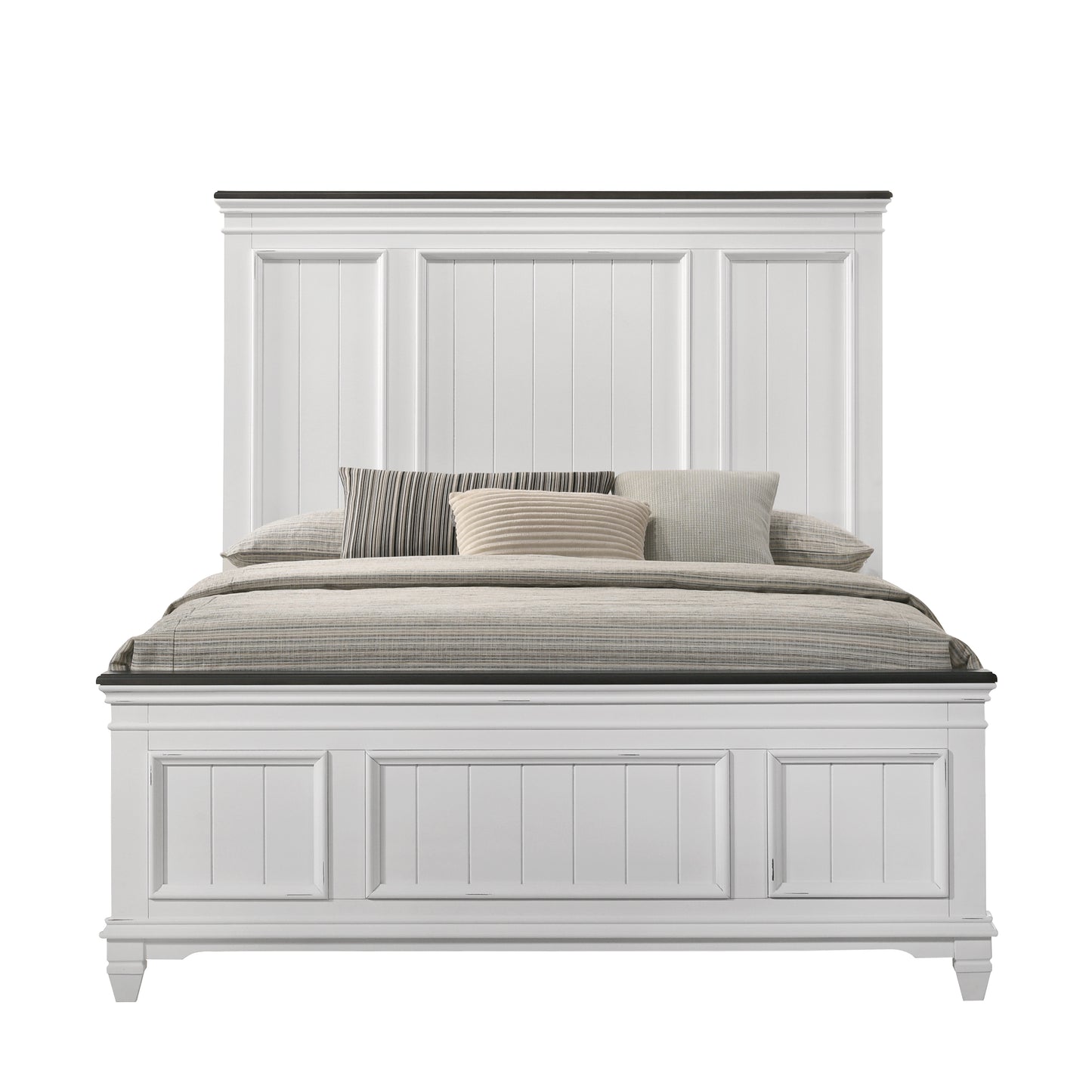 White panel headboard queen bed with upholstered mattress and decorative pillows