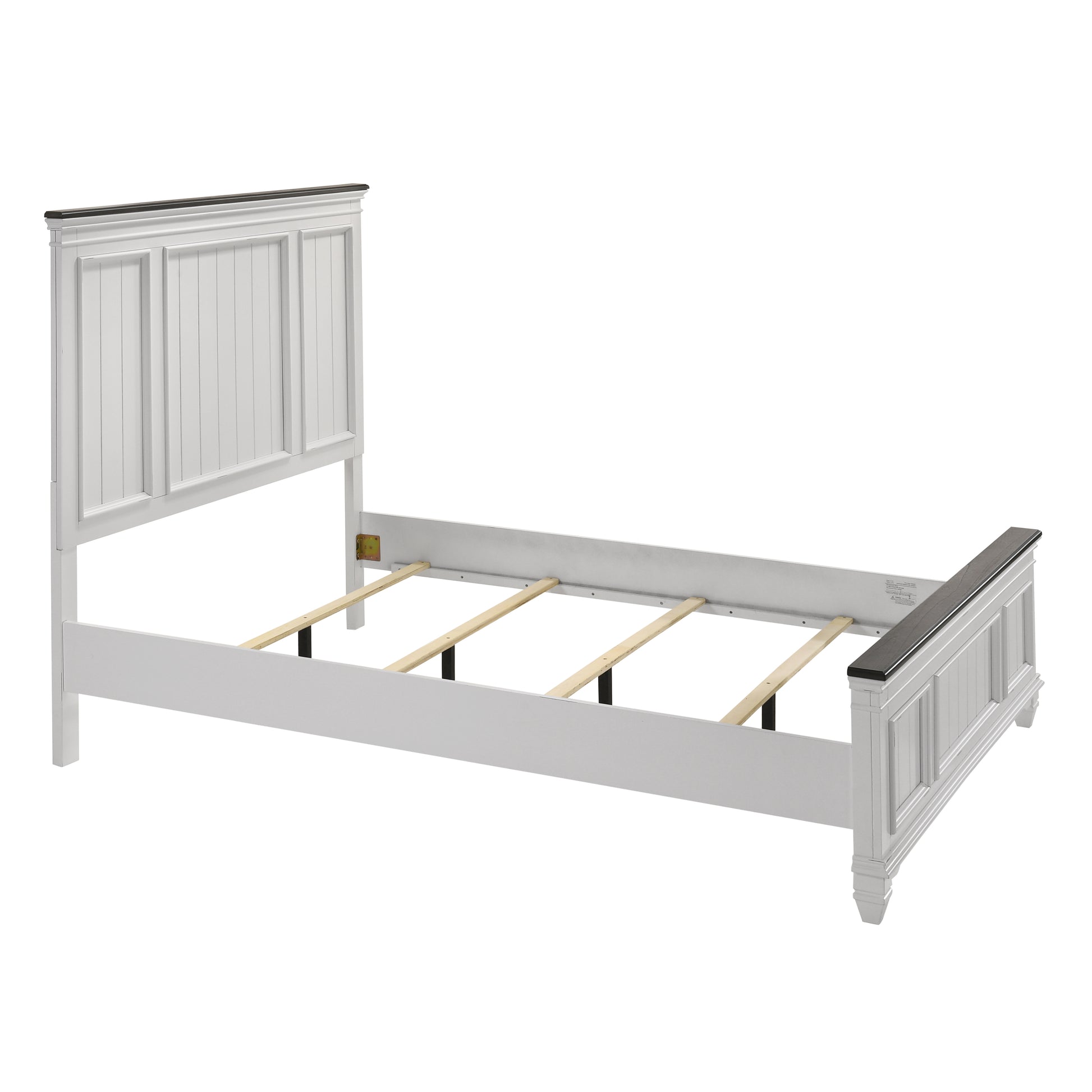 White paneled headboard and footboard bed frame with dark wood accents