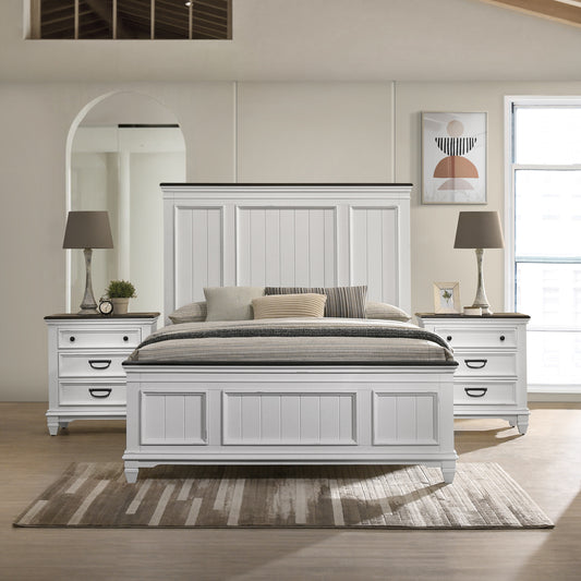 White paneled king bed frame with dark accents