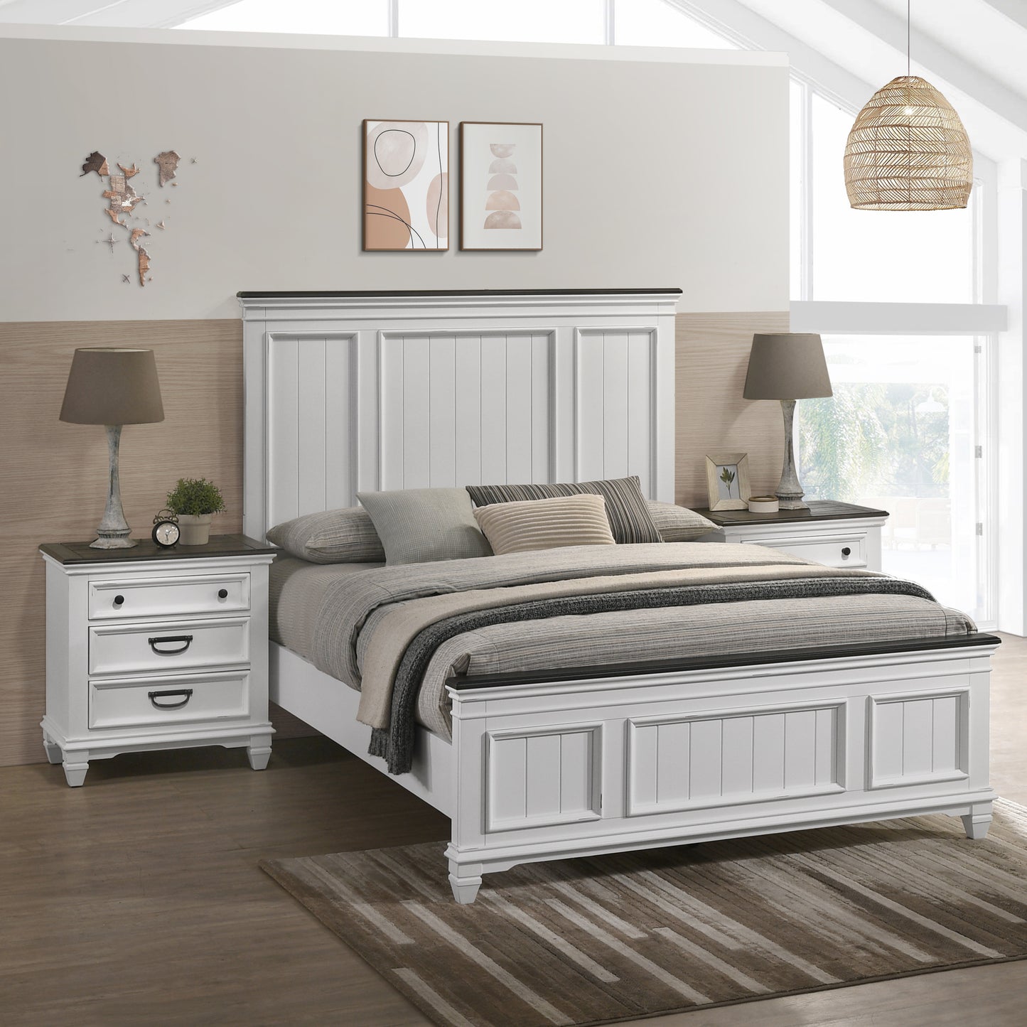 White paneled queen bed frame with dark wood accents and bedding