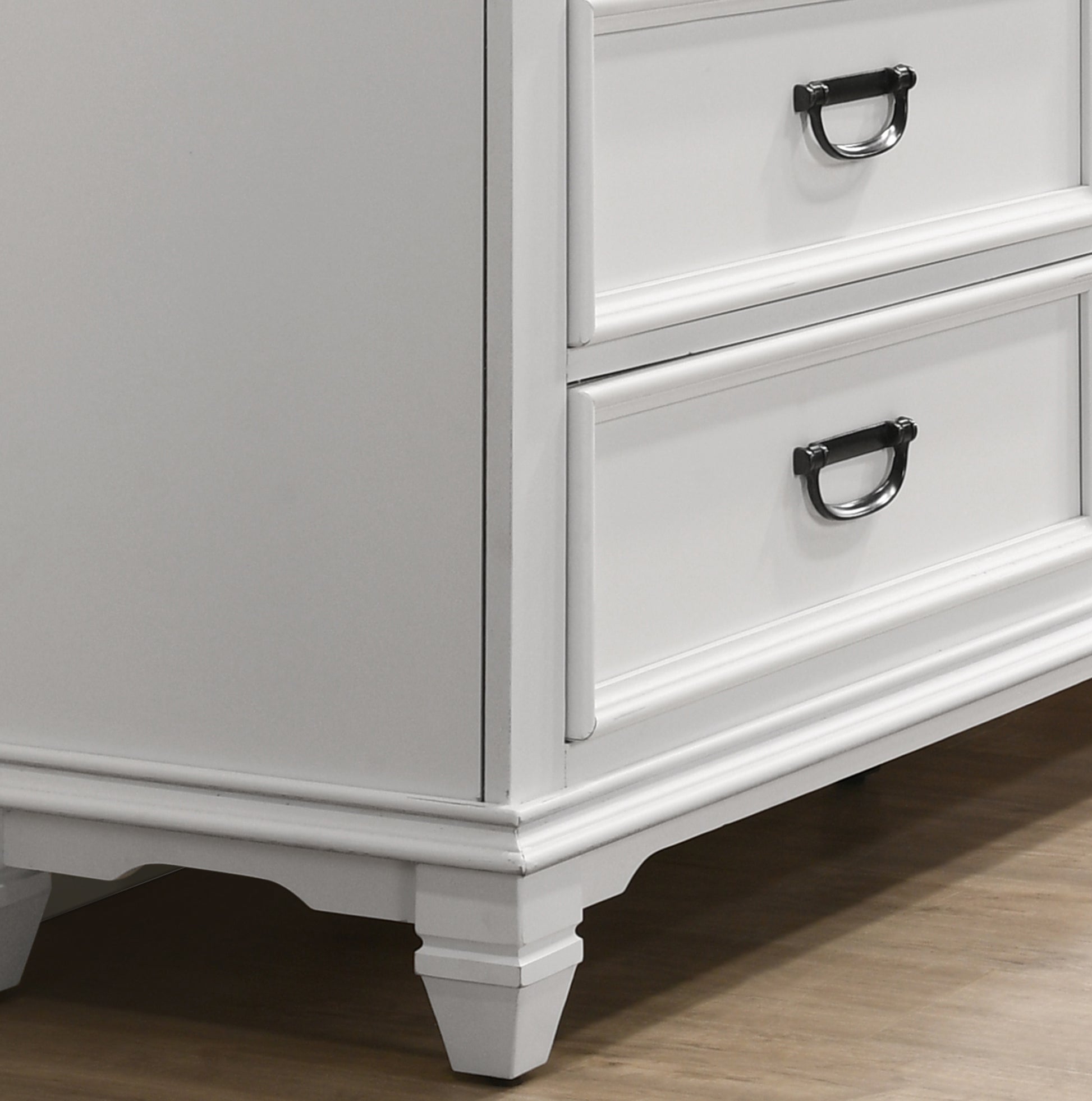 White wood dresser with black drawer pulls