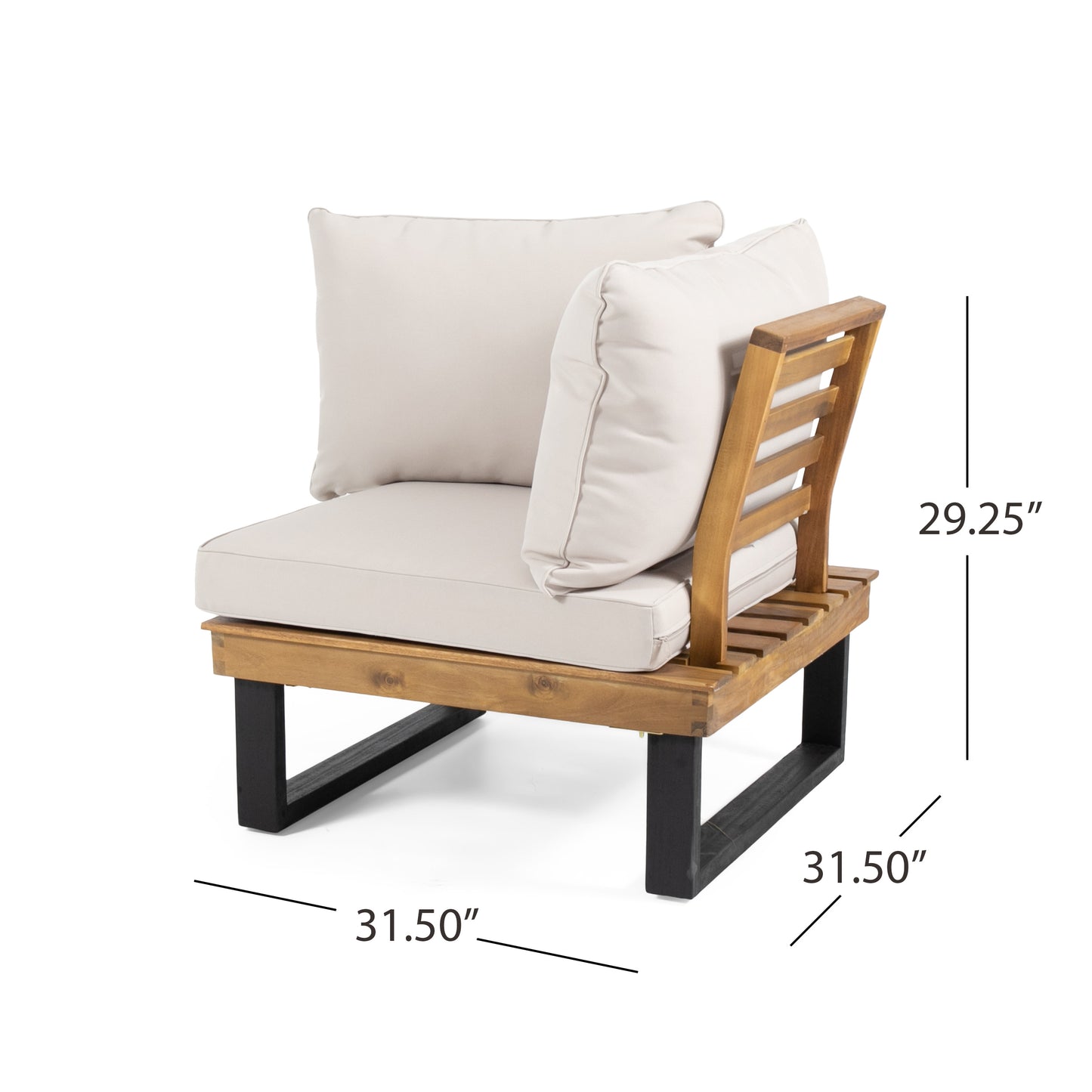 Modern acacia wood outdoor chair with cream cushions and black metal legs