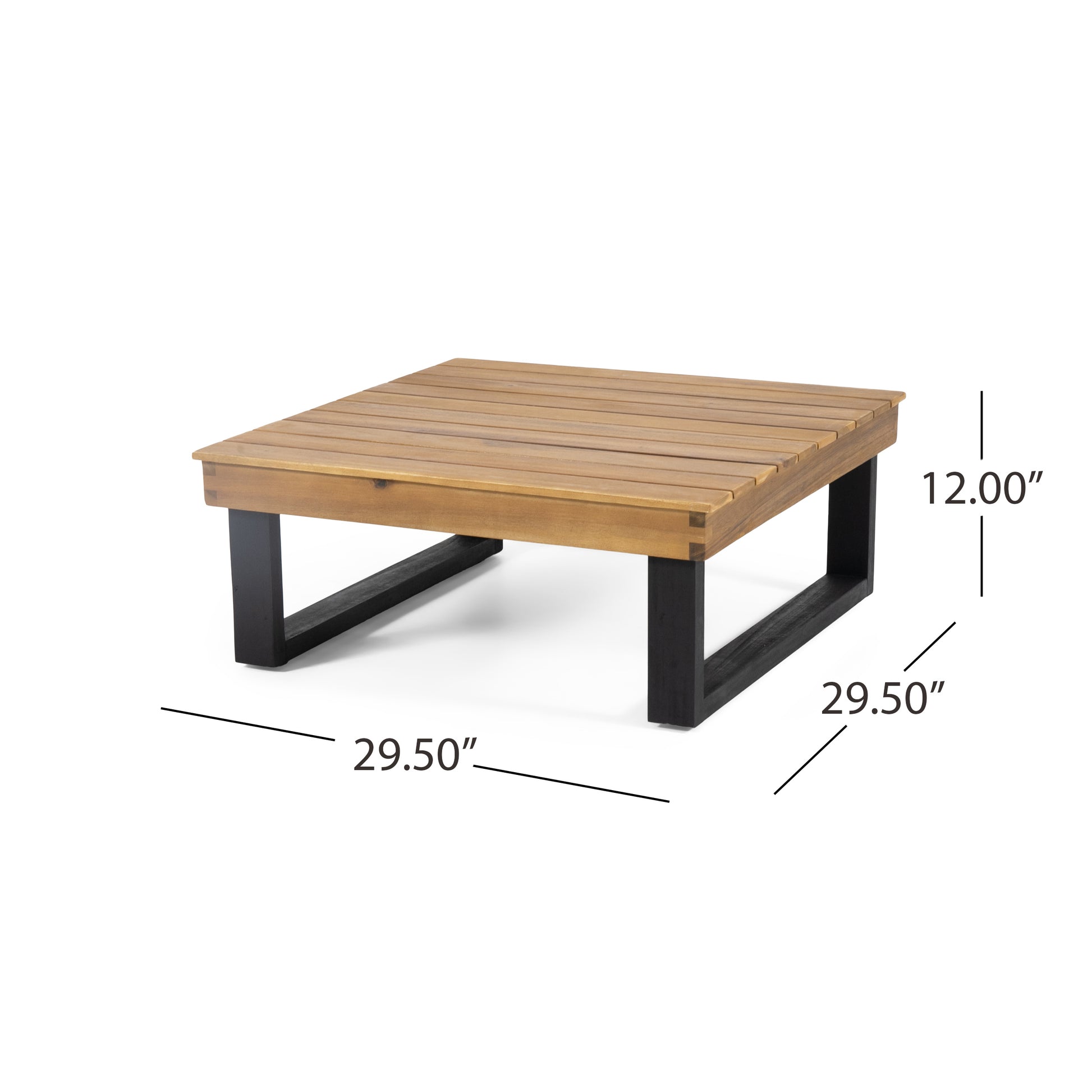 Square slatted wood coffee table with black metal legs  inches wide