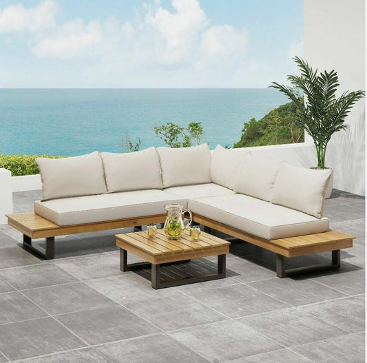 Modern Lshaped outdoor sectional sofa with cream cushions and wooden frame