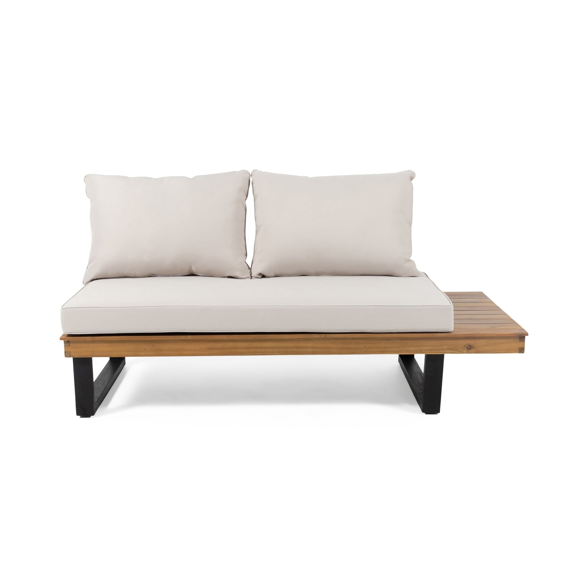 Modern wood sectional sofa with beige cushions and black metal legs perfect for outdoor patios