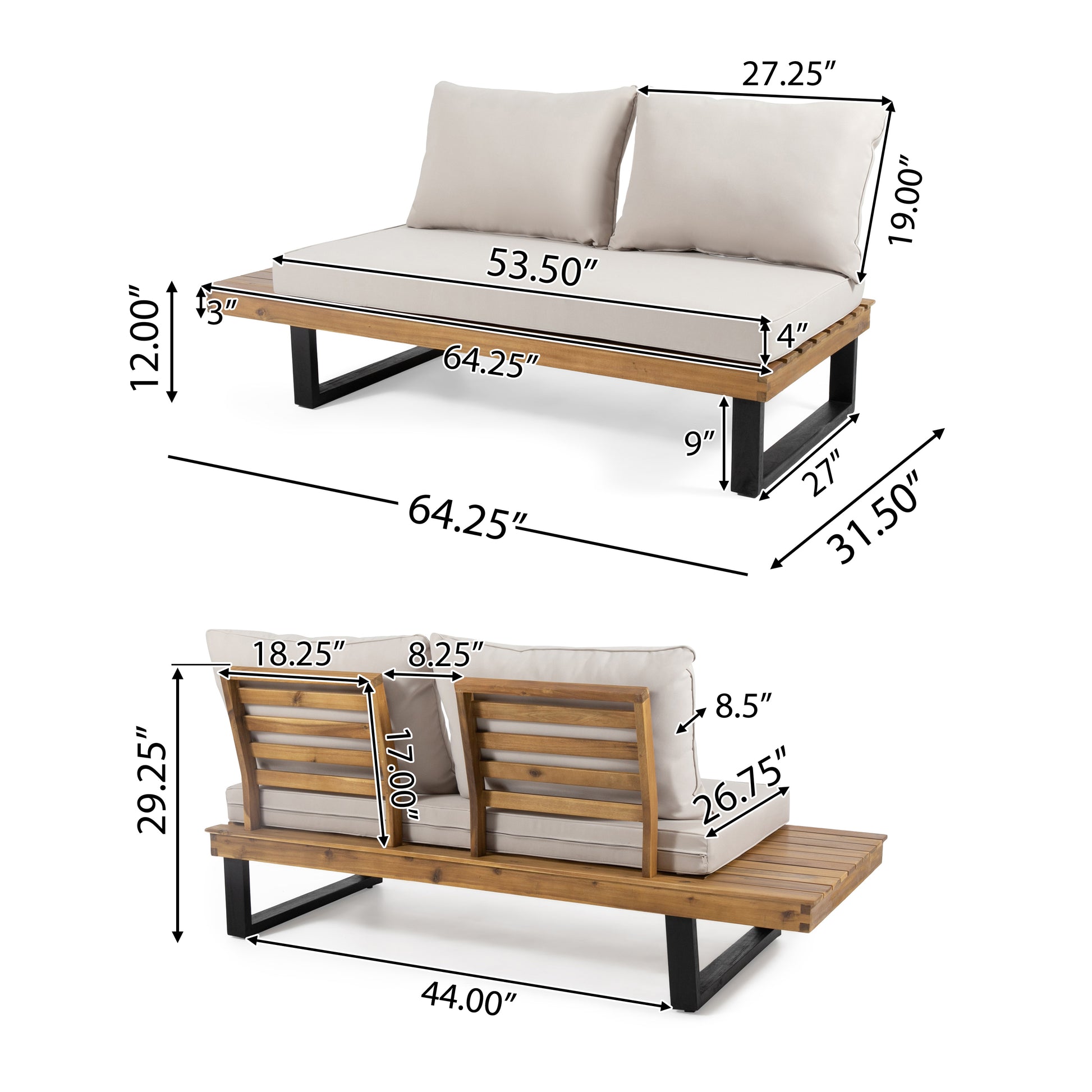 Wooden outdoor loveseat with beige cushions and black metal legs Dimensions shown