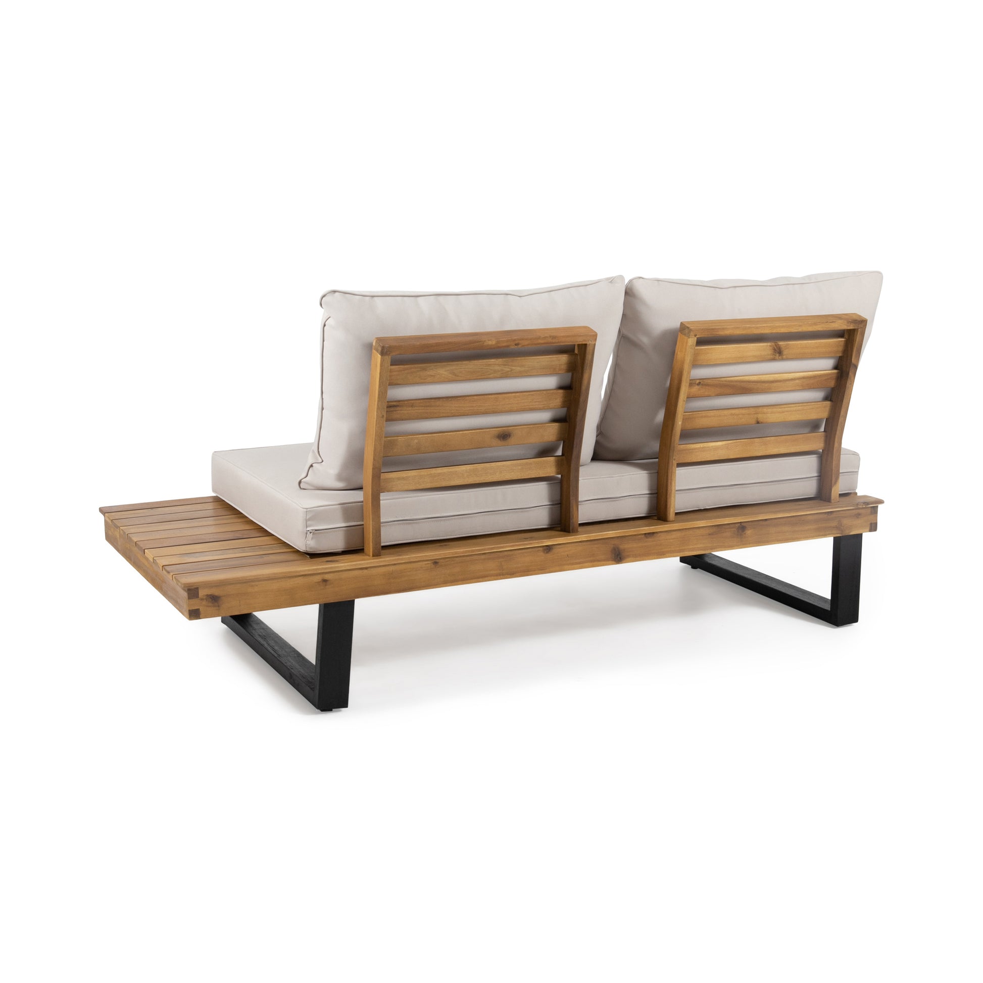 Modern acacia wood outdoor sofa with beige cushions and black metal legs