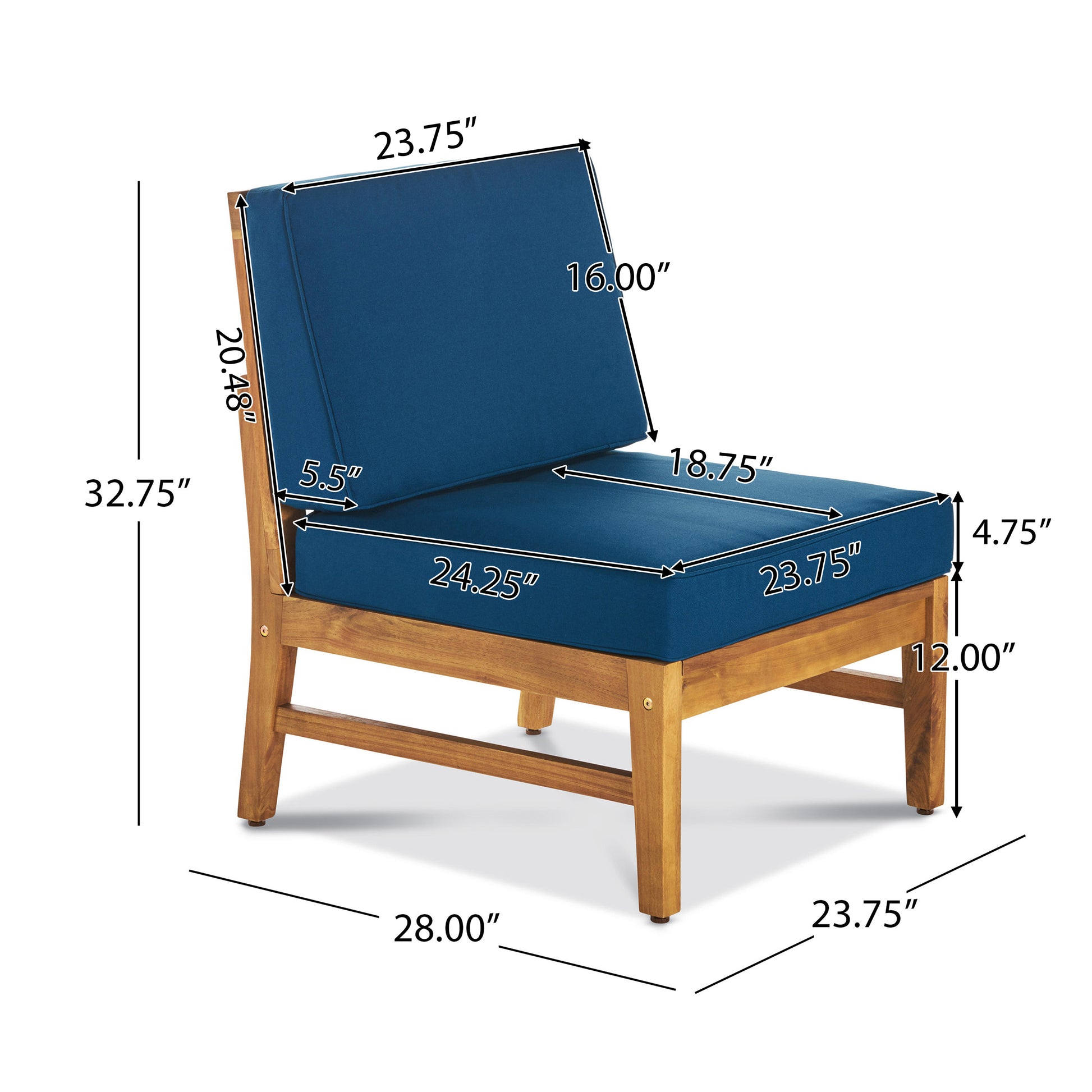 Modern blue outdoor accent chair with durable acacia wood frame and plush cushions