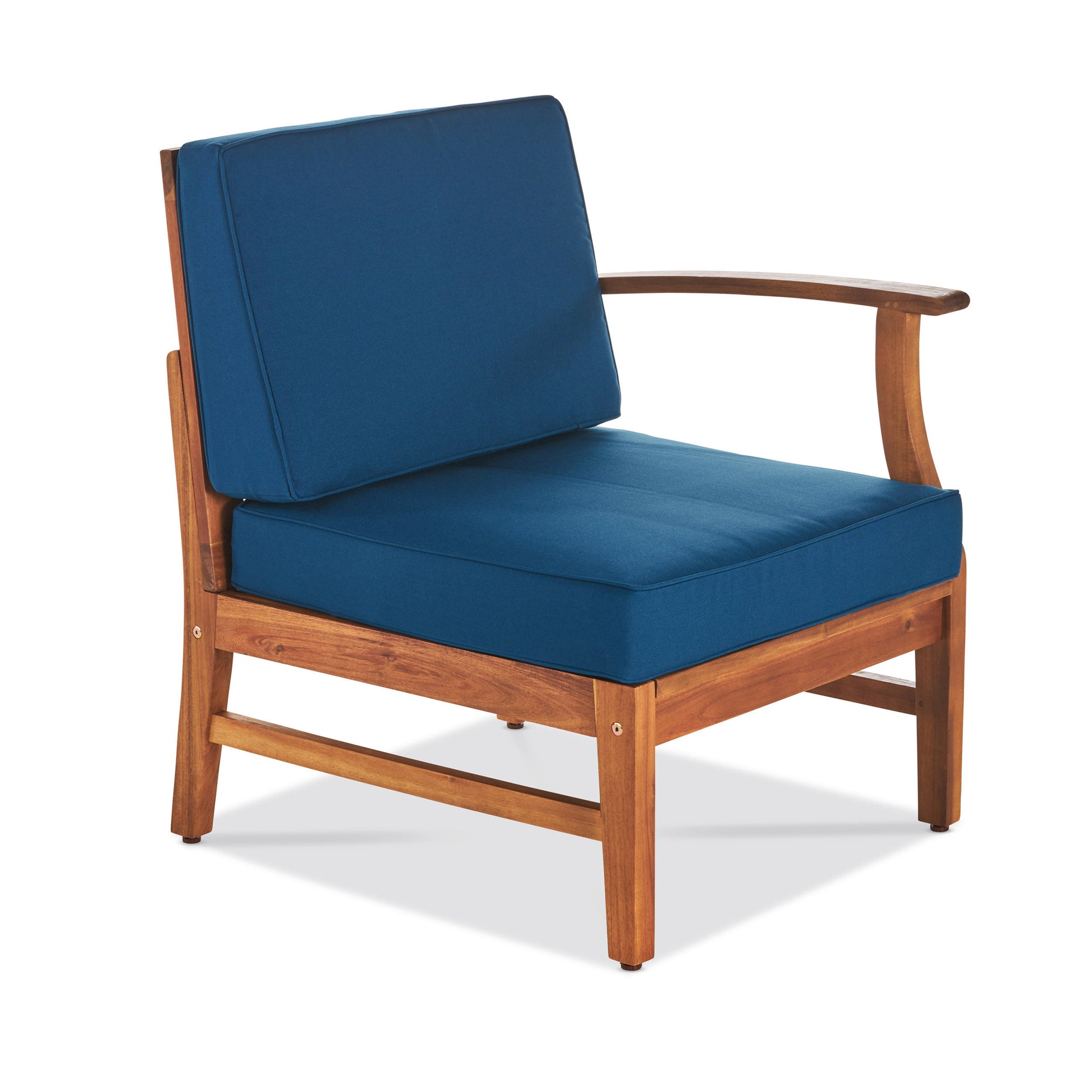 Armchair with plush navy blue cushions and natural wood frame
