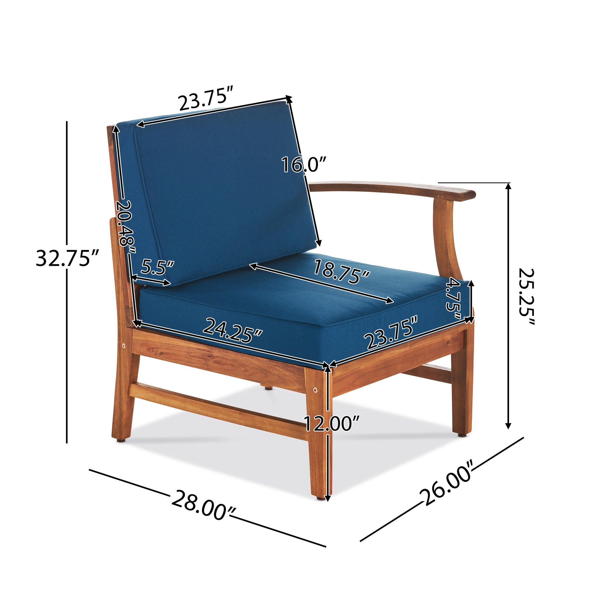 Wooden armchair with deep blue cushions and curved arms perfect for patio seating
