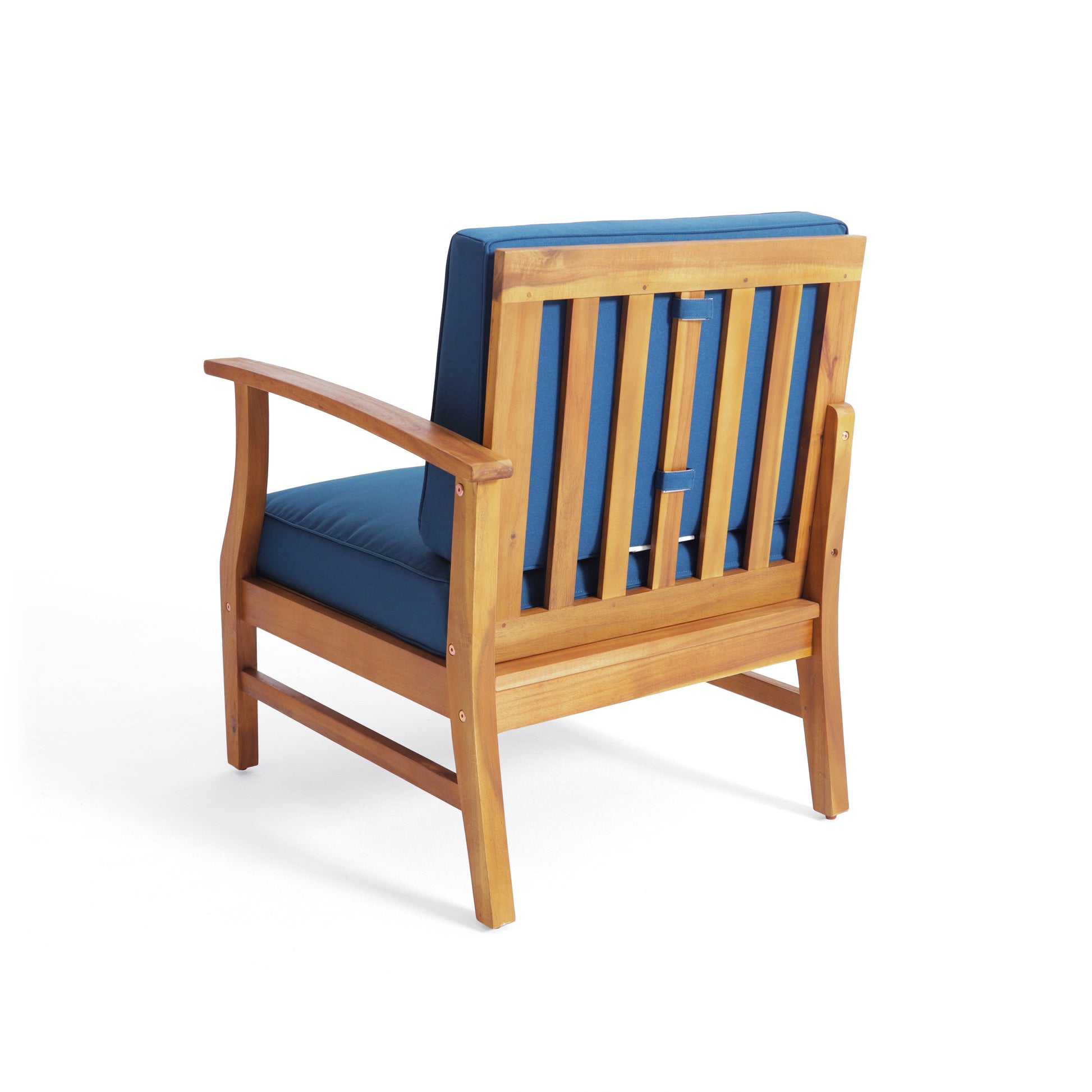 Wooden accent chair with blue cushions ideal for patio seating