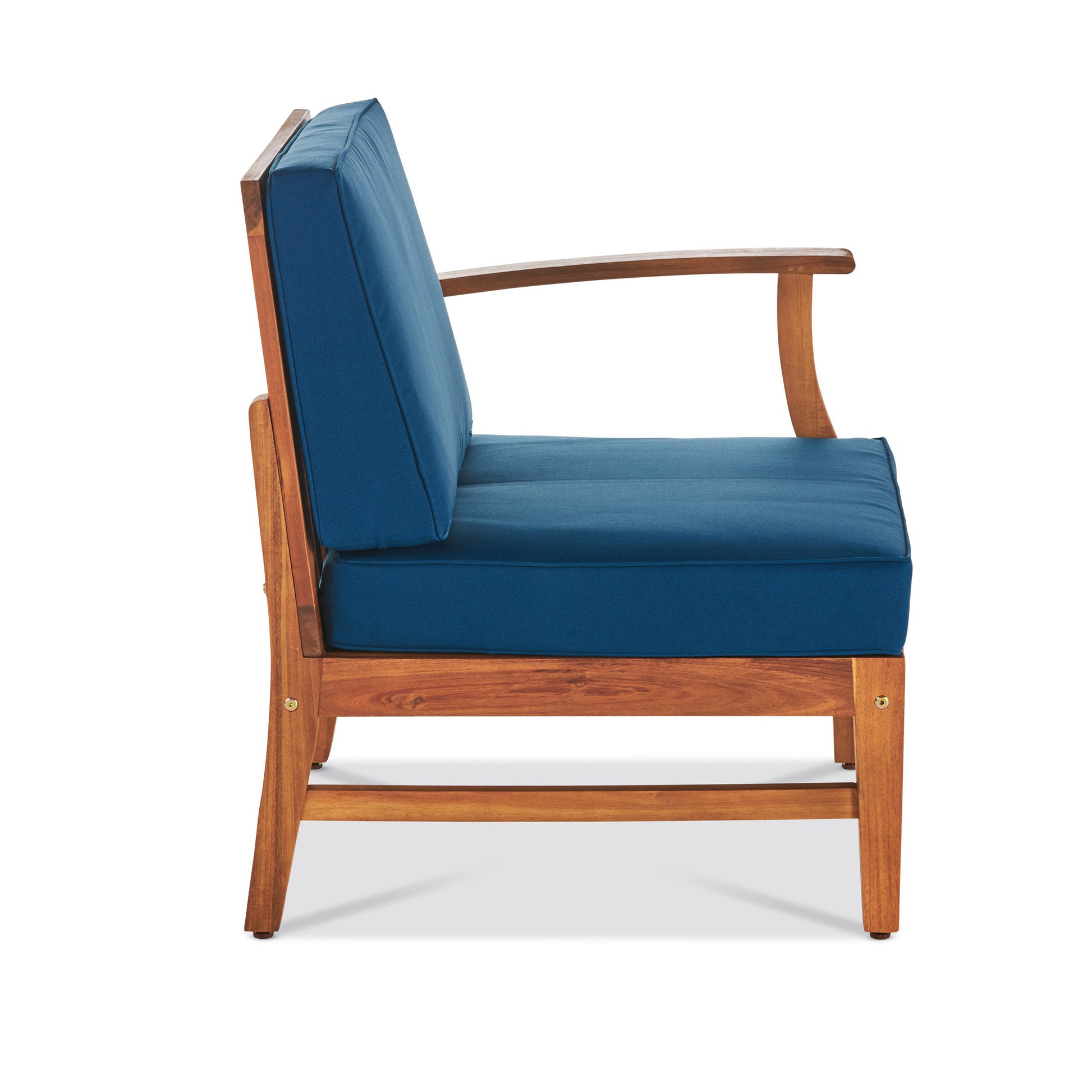 Side view of a modern blue upholstered armchair with a rich wooden frame