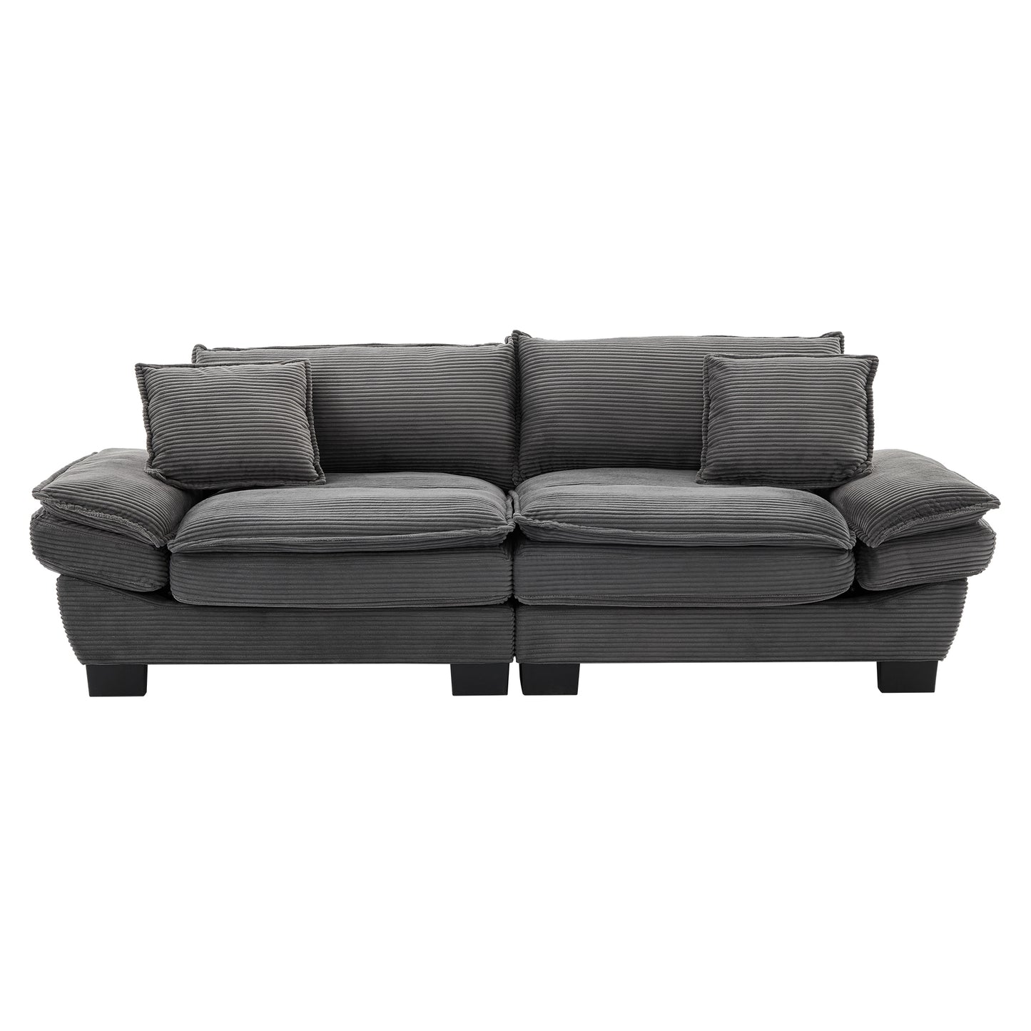 Dark gray corduroy sofa with plush cushions and matching throw pillows