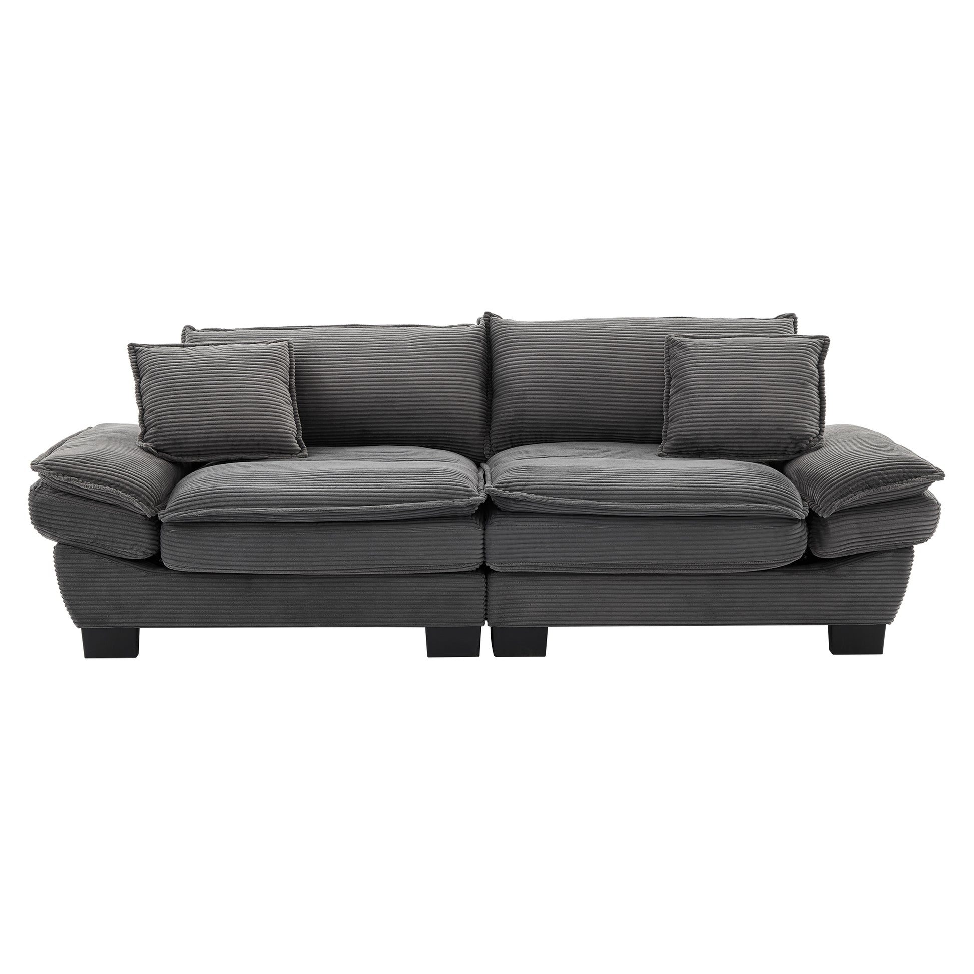 Dark gray corduroy sofa with plush cushions and matching throw pillows
