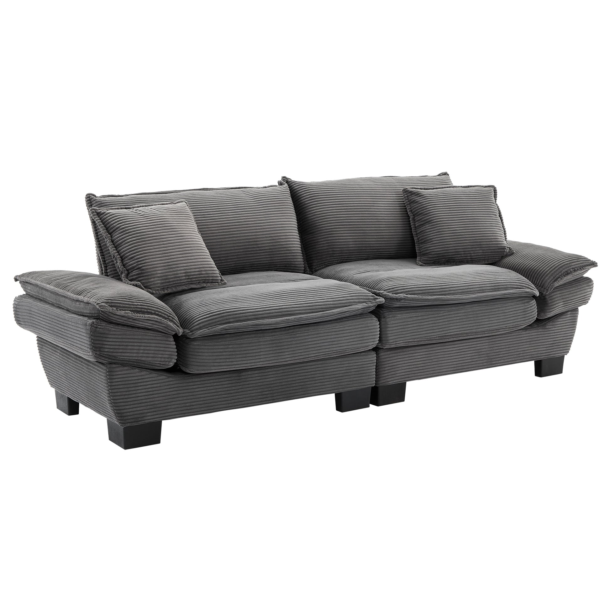 Gray corduroy sofa with plush cushions and dark wooden legs