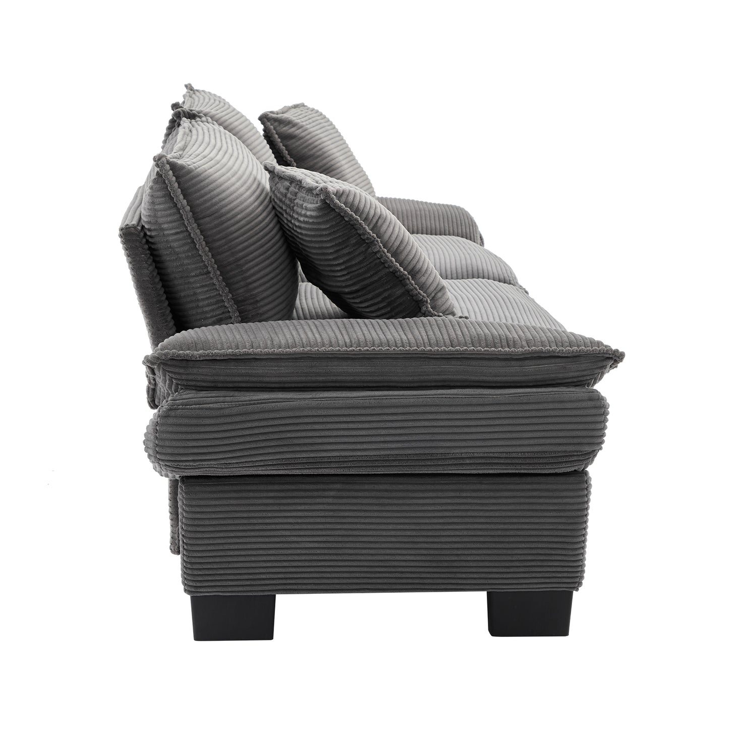 Comfortable corduroy sofa in dark gray with plush seat and back cushions for a cozy living room