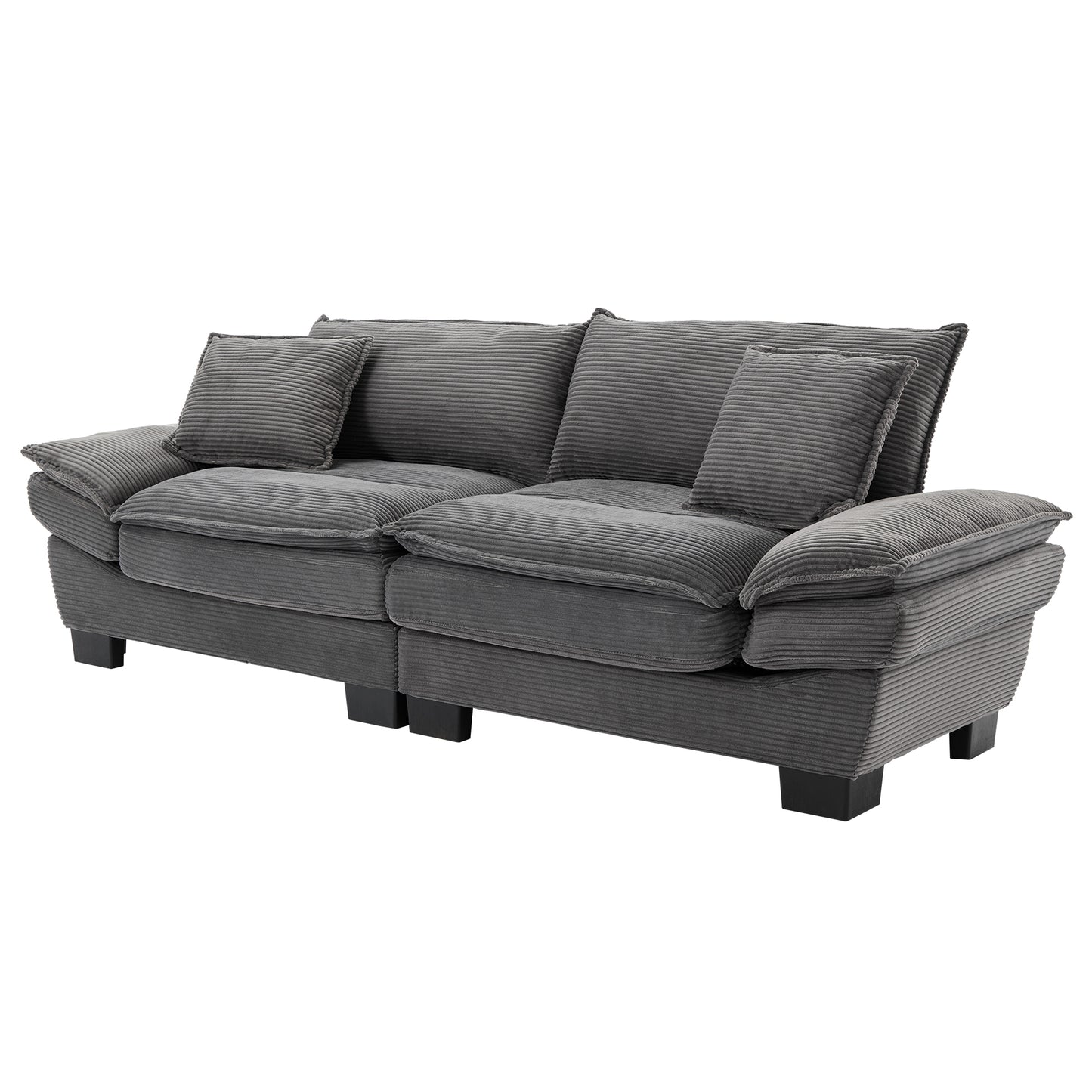 Gray corduroy sofa with plush cushions and modern black legs perfect for living room comfort