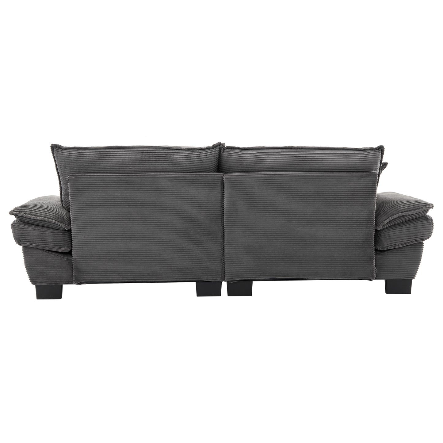 Back view of a dark grey corduroy sofa with plush seat and back cushions modern living room furniture