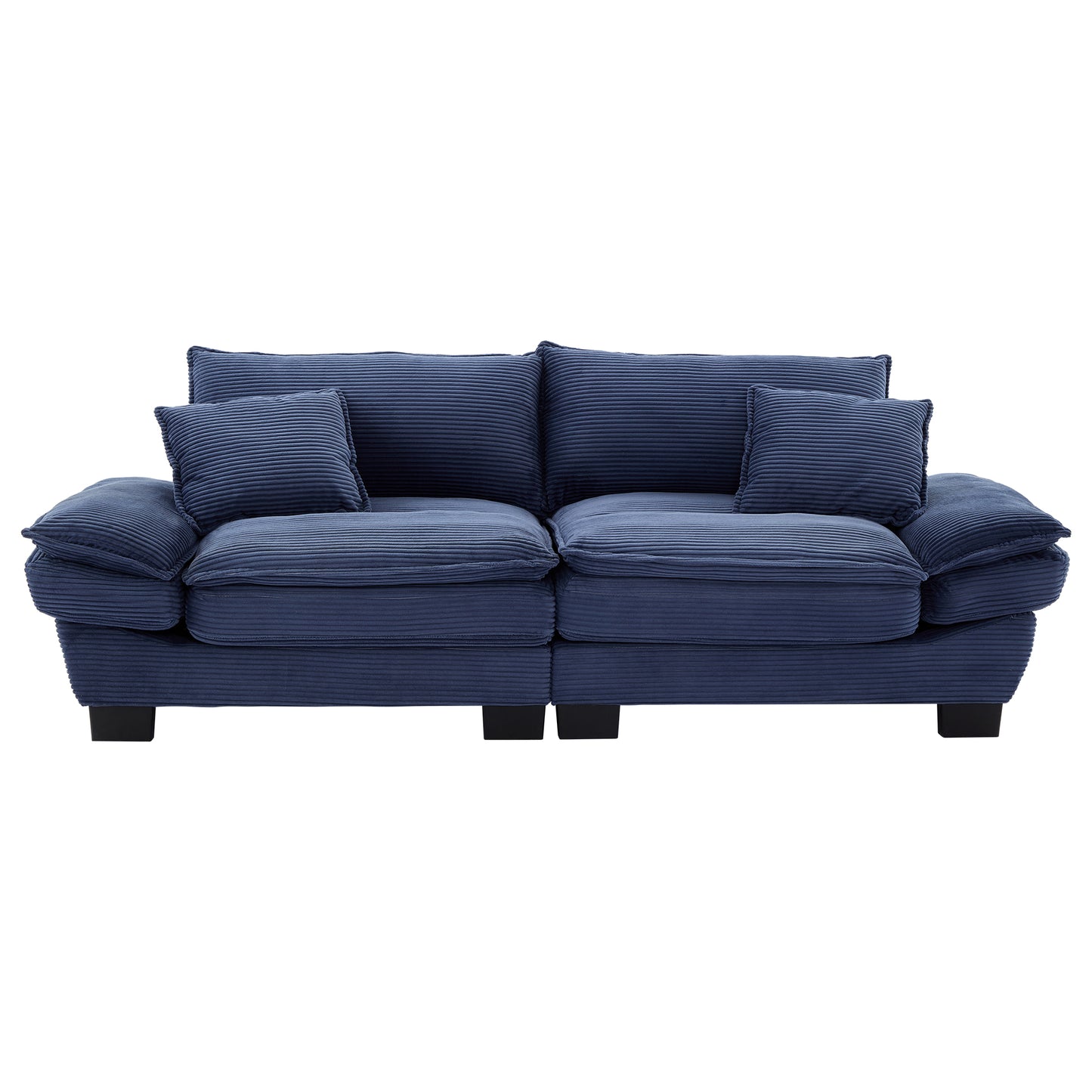 Deep blue corduroy sofa with plush cushions and black block feet
