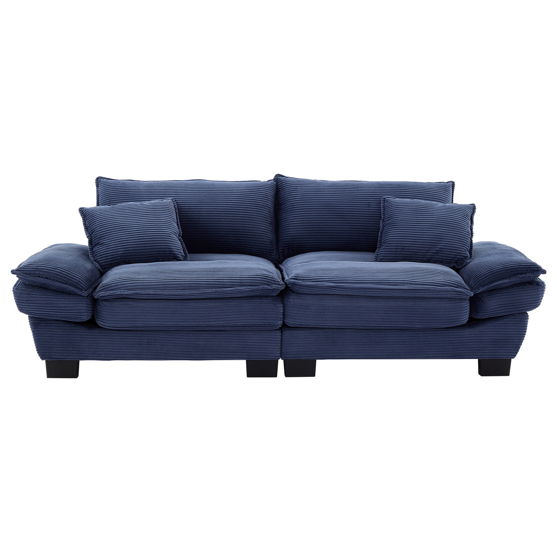 Deep blue corduroy sofa with plush cushions and black block feet