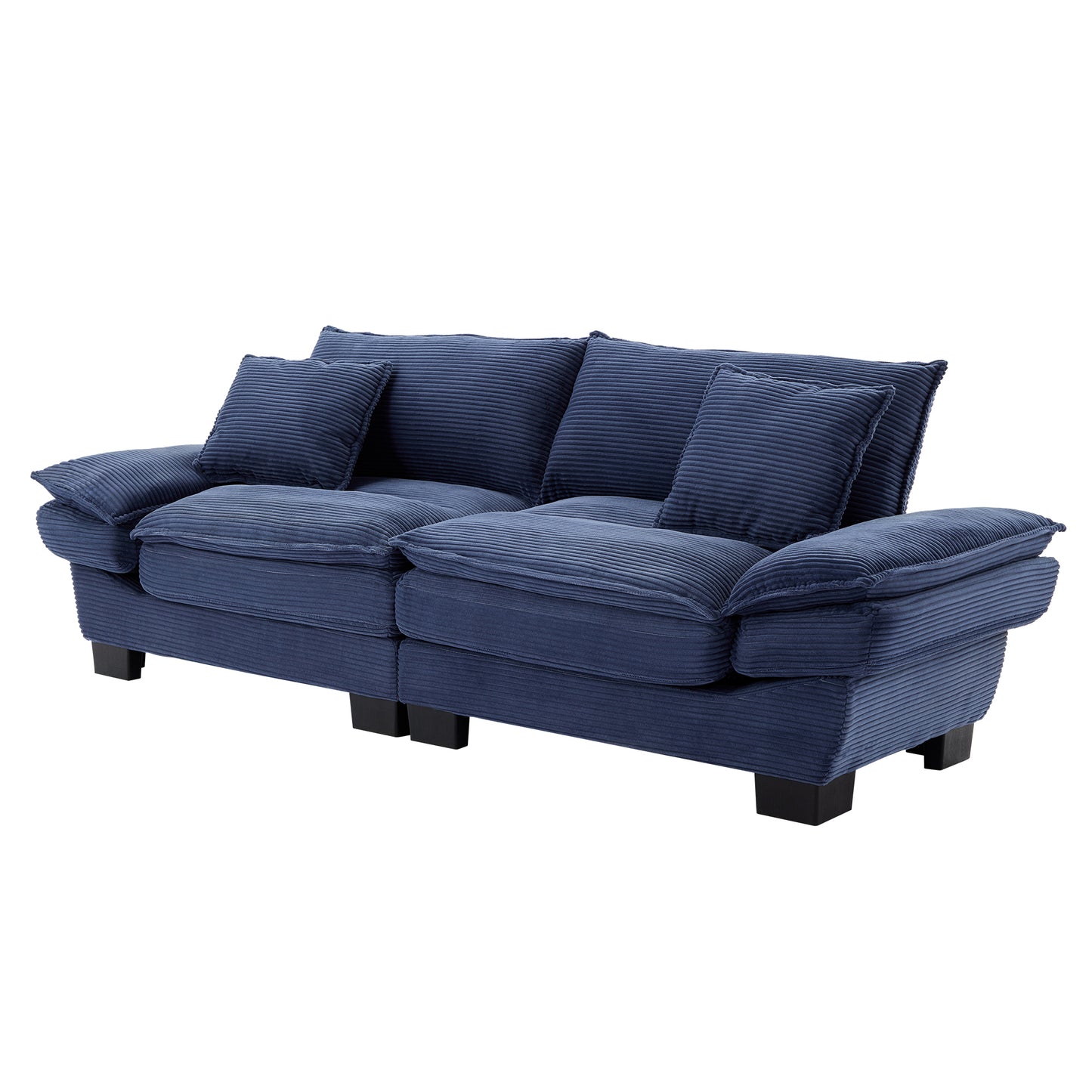 Navy blue corduroy sofa with plush cushions and modern black legs