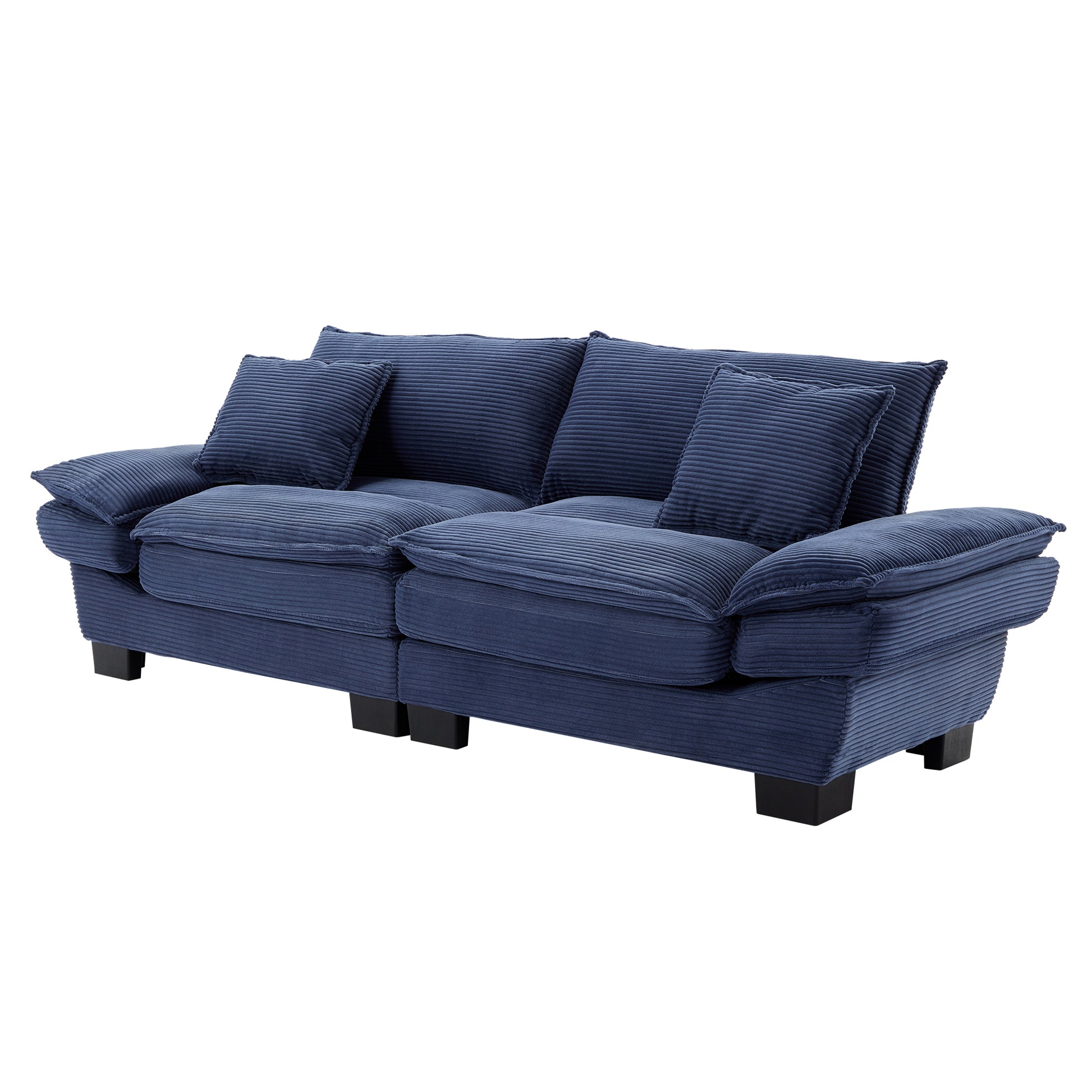 Navy blue corduroy sofa with plush cushions and modern black legs
