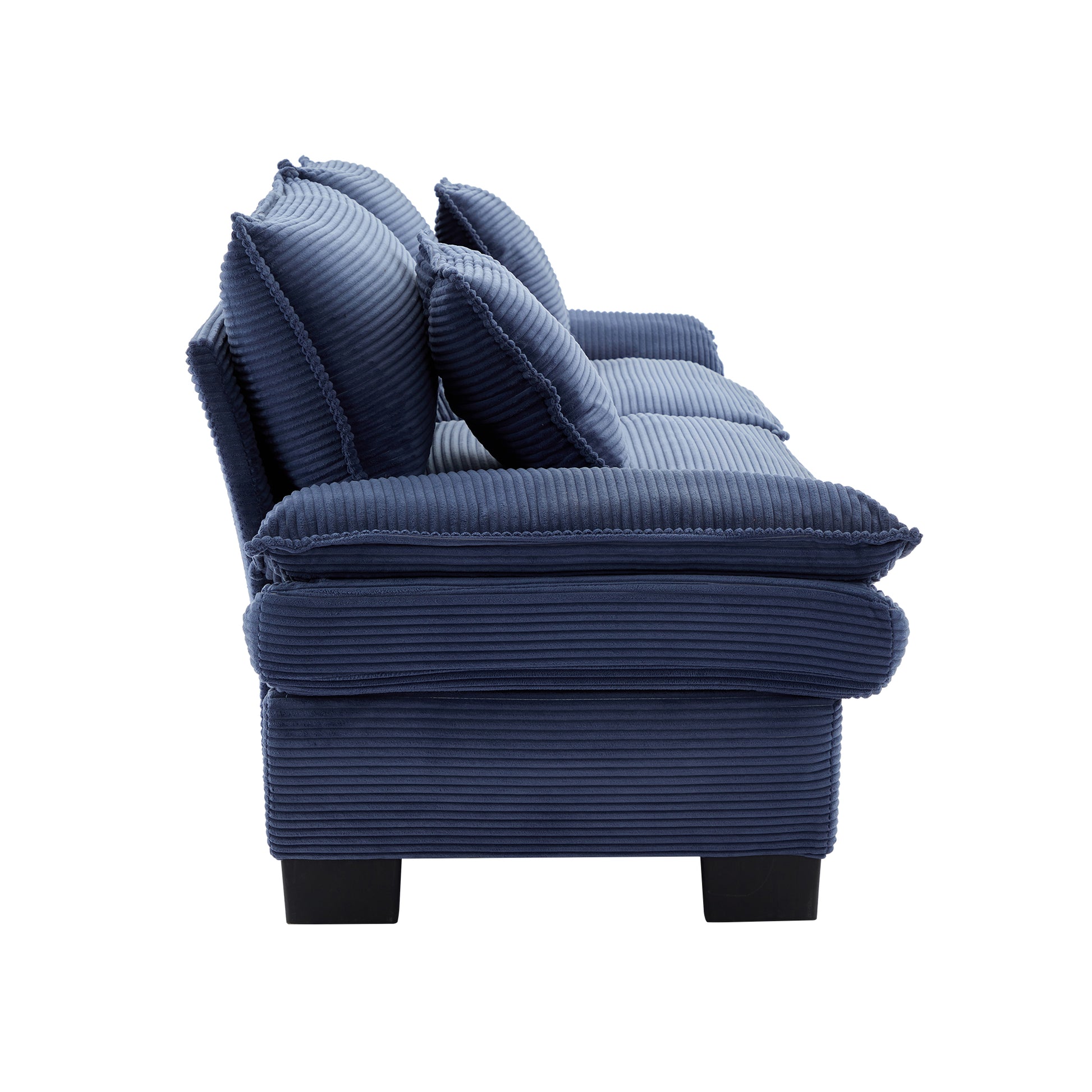 Navy blue corduroy sofa with plush cushions and black legs for modern living room comfort