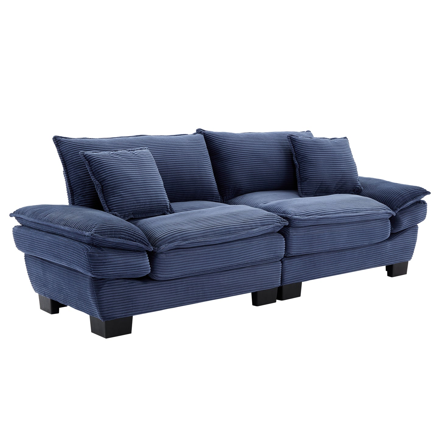 Plush navy corduroy sofa with comfortable deep seating and accent pillows for a cozy living room